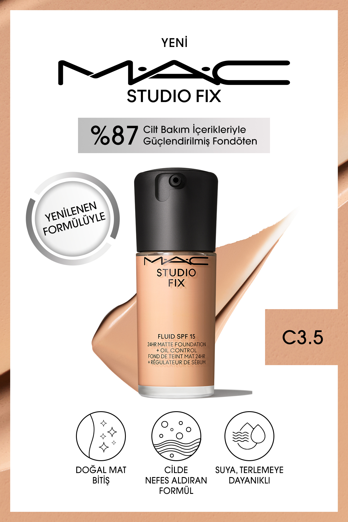 کرم پودر بنیاد دائمی MATT تا 24 ساعت استودیو FIX FILUID SPF15 رنگ: C3.5 30ML Mac