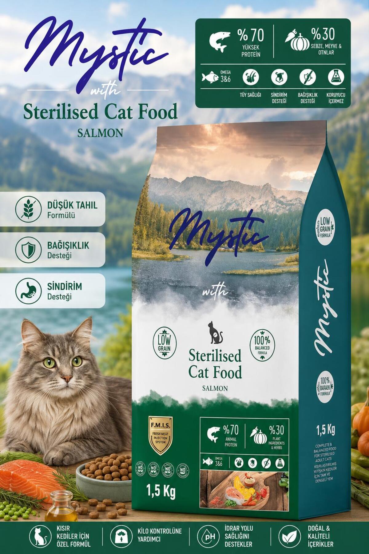غذای خشک گربه بالغ عقیم‌شده میستیک Mystic، کم‌غلات با طعم سالمون، ۱٫۵ کیلوگرم 1,5 kg