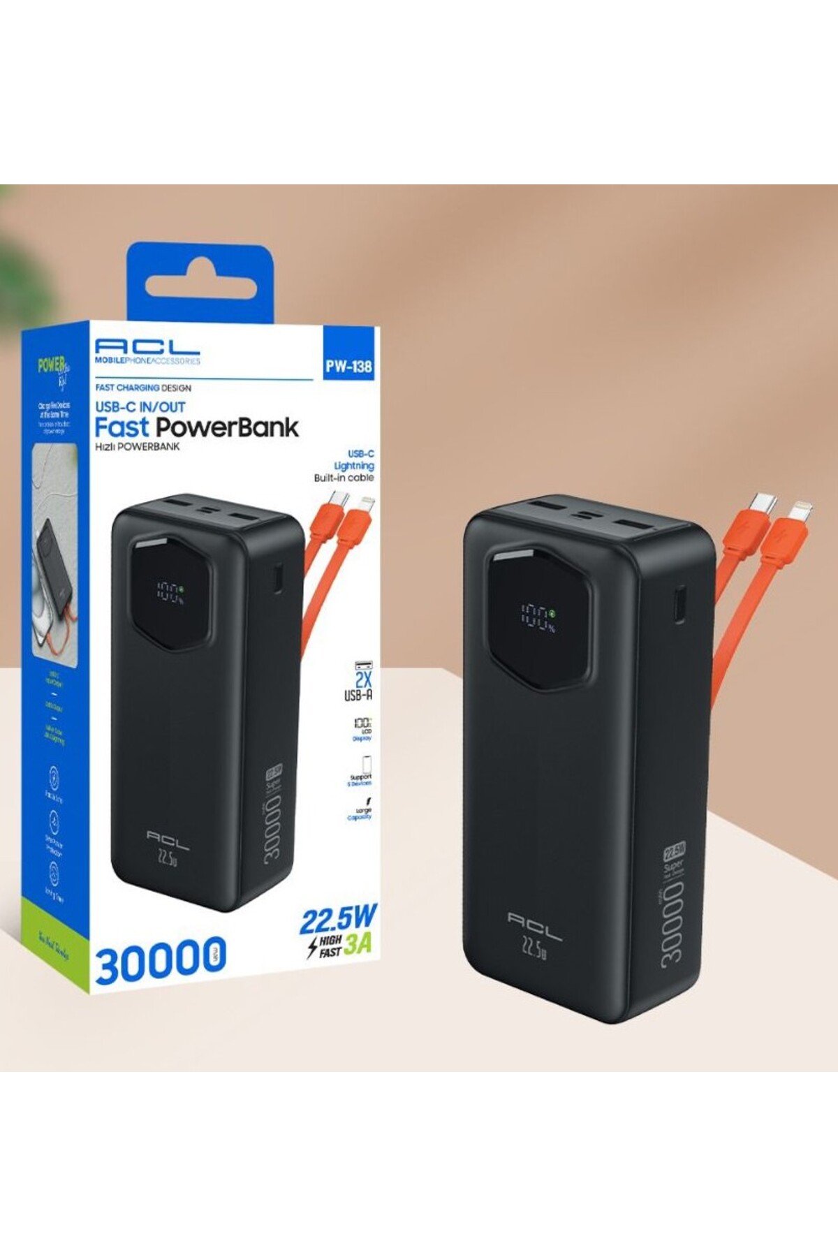 پاوربانک PW 138 22.5W 3A 30.000MAH شارژ سریع داخلی کابل نشانگر LCD اورجینال ACL
