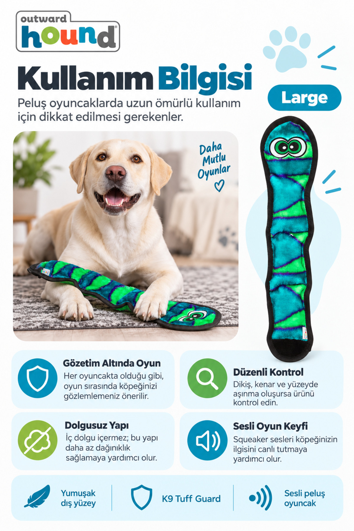اسباب‌بازی عروسکی مار برای سگ، سری Invincibles Snake از آوت‌وارد هاوند Outward Hound، Large رنگی