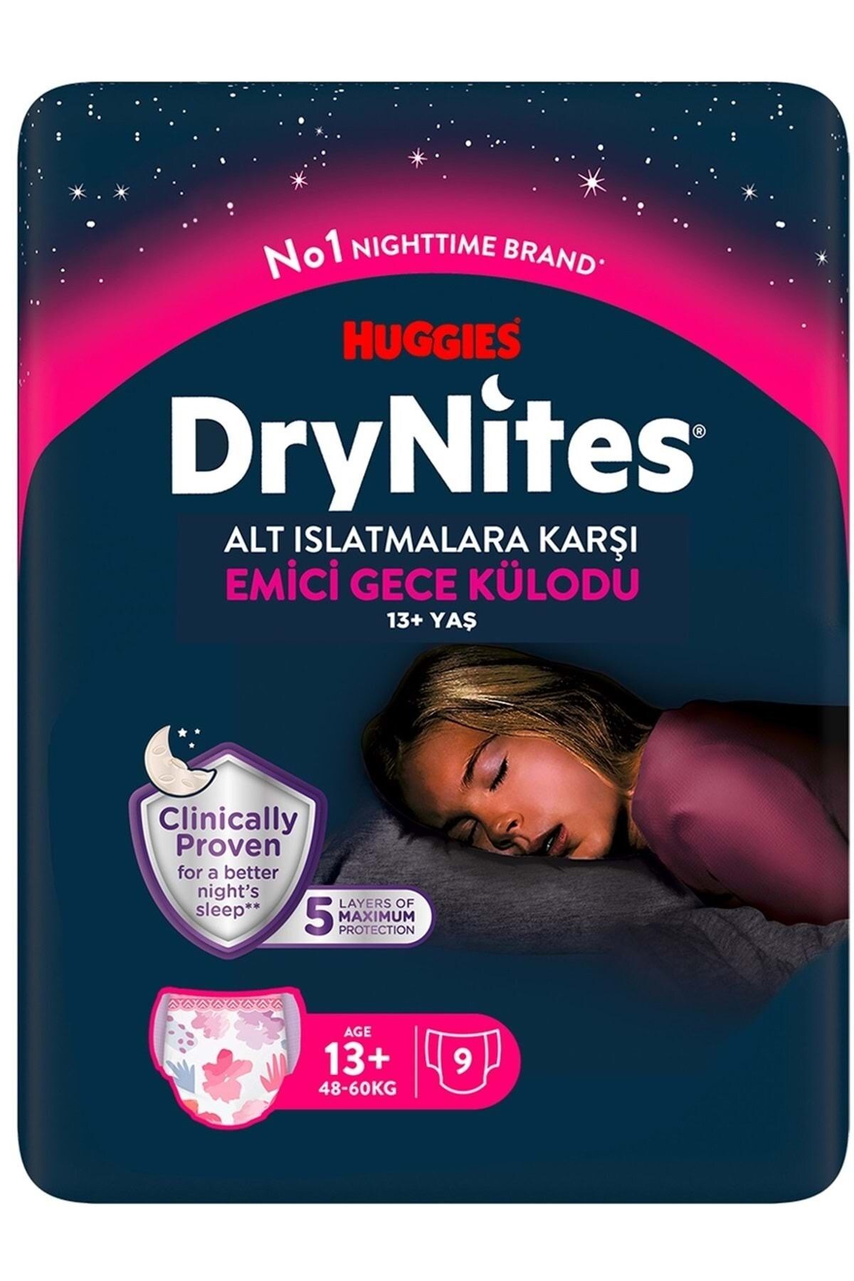 پوشک بچه شورت شب جاذب دخترانه HUGGIES DRYNITES 13+ سن 48 تا 60 کیلوگرم بسته 6 54 عددی اورجینال DryNites