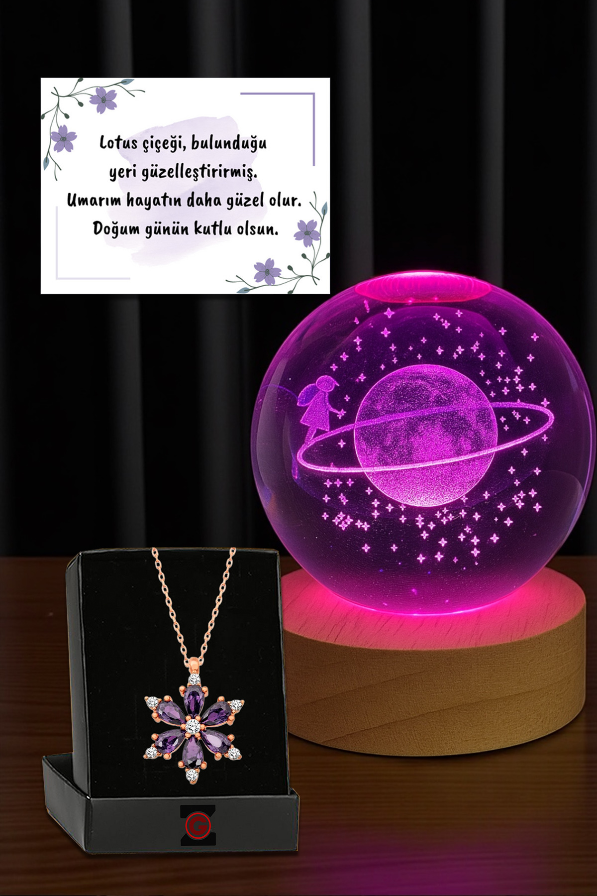 گوی برفی چراغ بنفش LED شیشه ای زحل دخترانه گلوب با پایه چوبی آویز گل کاملیا لوتوس USB از ترکیه Zemtigo