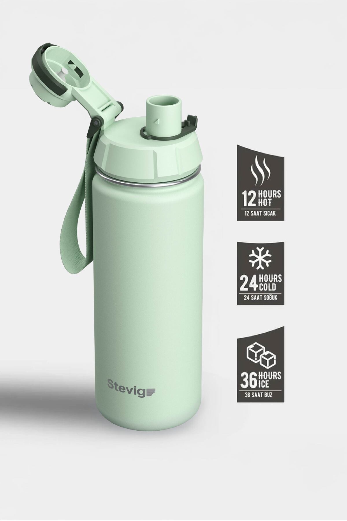 فلاسک 1 قمقمه فولادی ضد نشتی دستی 500 میلی لیتری SMOKE GREEN ST 221 اورجینال Stevig