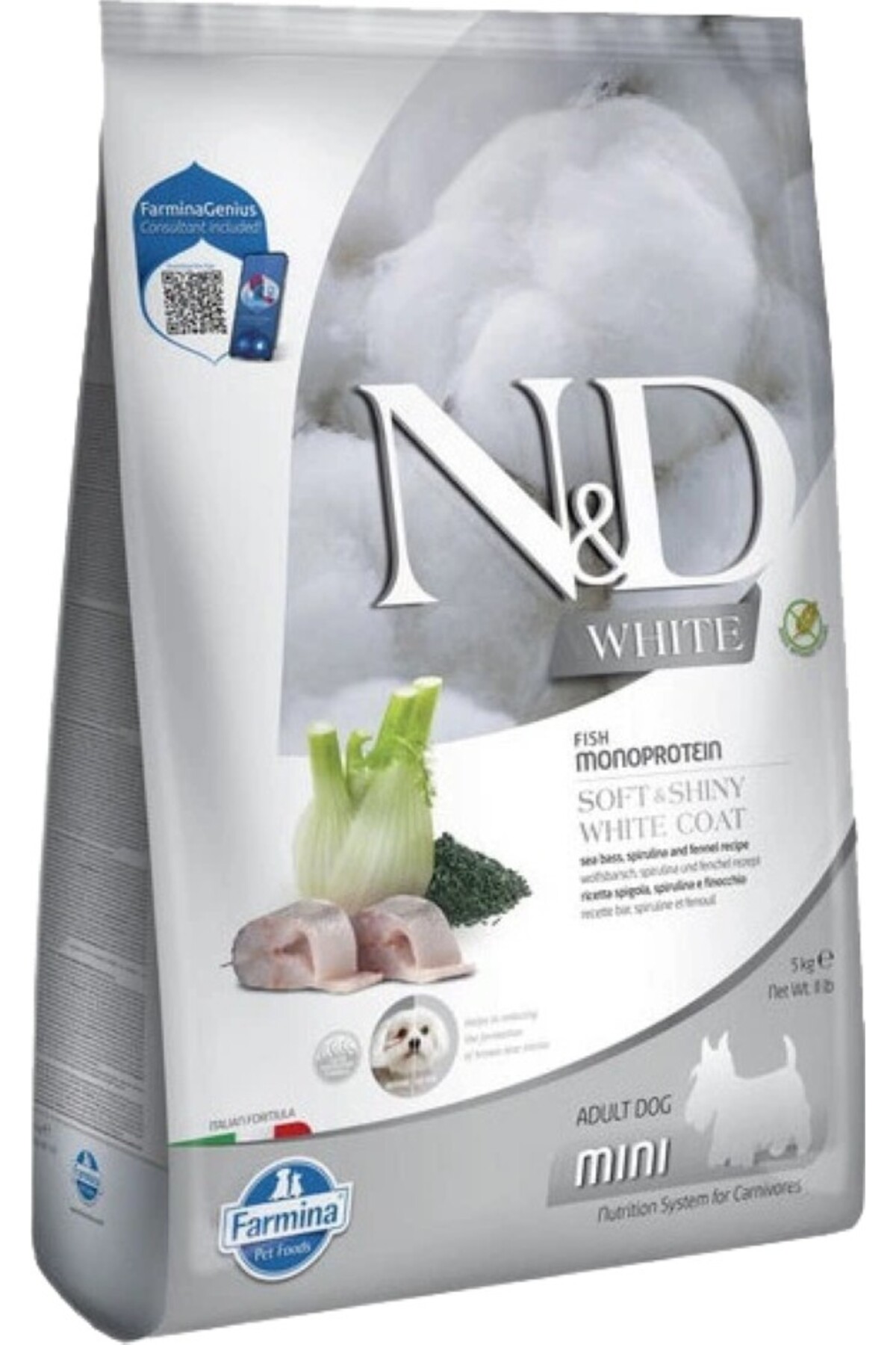 غذای خشک سگ بالغ نژاد مینی ان‌دی ND، White Spirulina بدون غلات، ۵ کیلوگرم