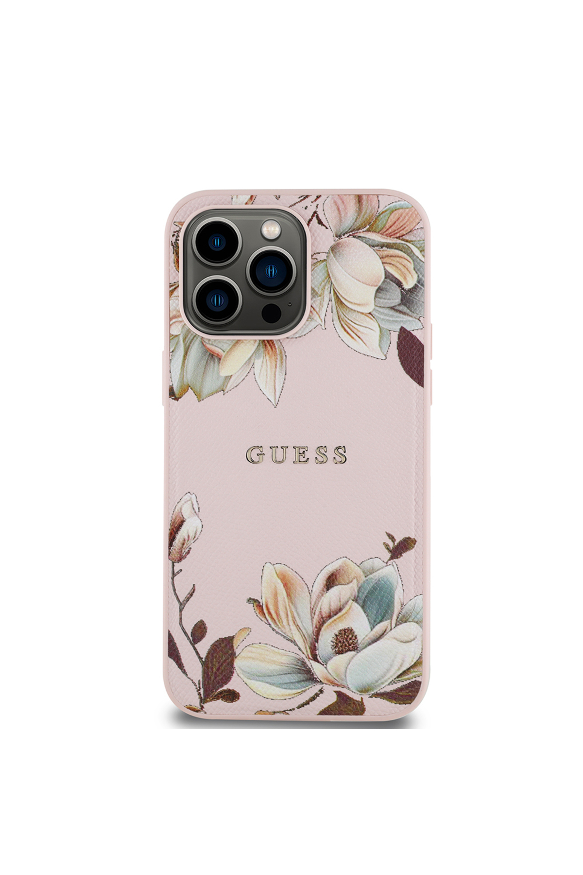 کاور و قاب سازگار با IPHONE 14 PRO MAX GUESS دارای مجوز M SAFE ویژه طرح گل دانه‌دار فلزی صورتی اورجینال Guess