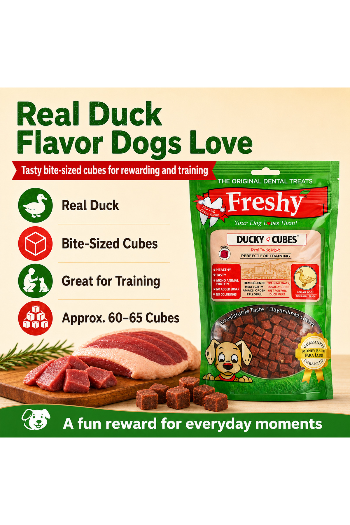 تشویقی مکعبی سگ Ducky Cubes از فرشی Freshy، با طعم اردک و خرگوش، ۸۰ گرم