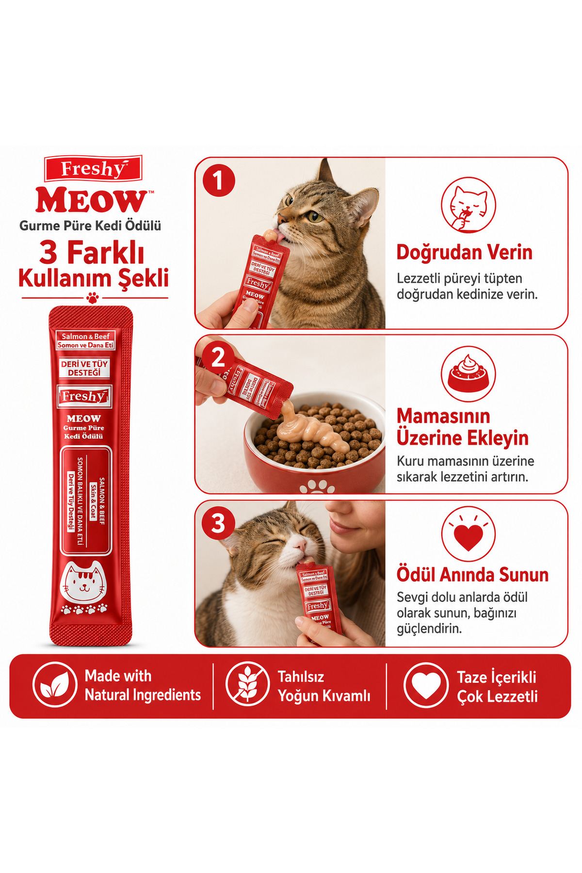 تشویقی گربه پوره‌ای فرشی Freshy Meow Gourmet با طعم ماهی سالمون و گوشت گاو، ۶۰ گرم، ۵ عددی