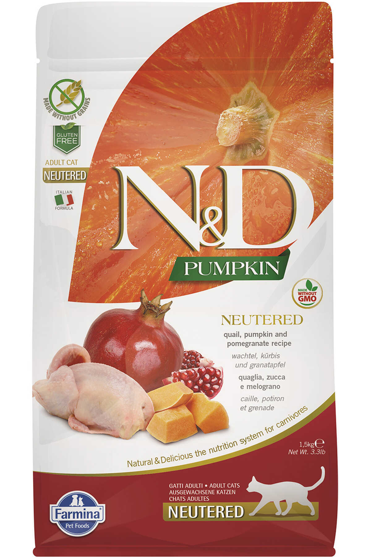 غذای خشک گربه ان‌اند‌دی N&D Pumpkin با بلدرچین، کدوحلوایی و انار، ۱٫۵ کیلوگرم 1,5kg