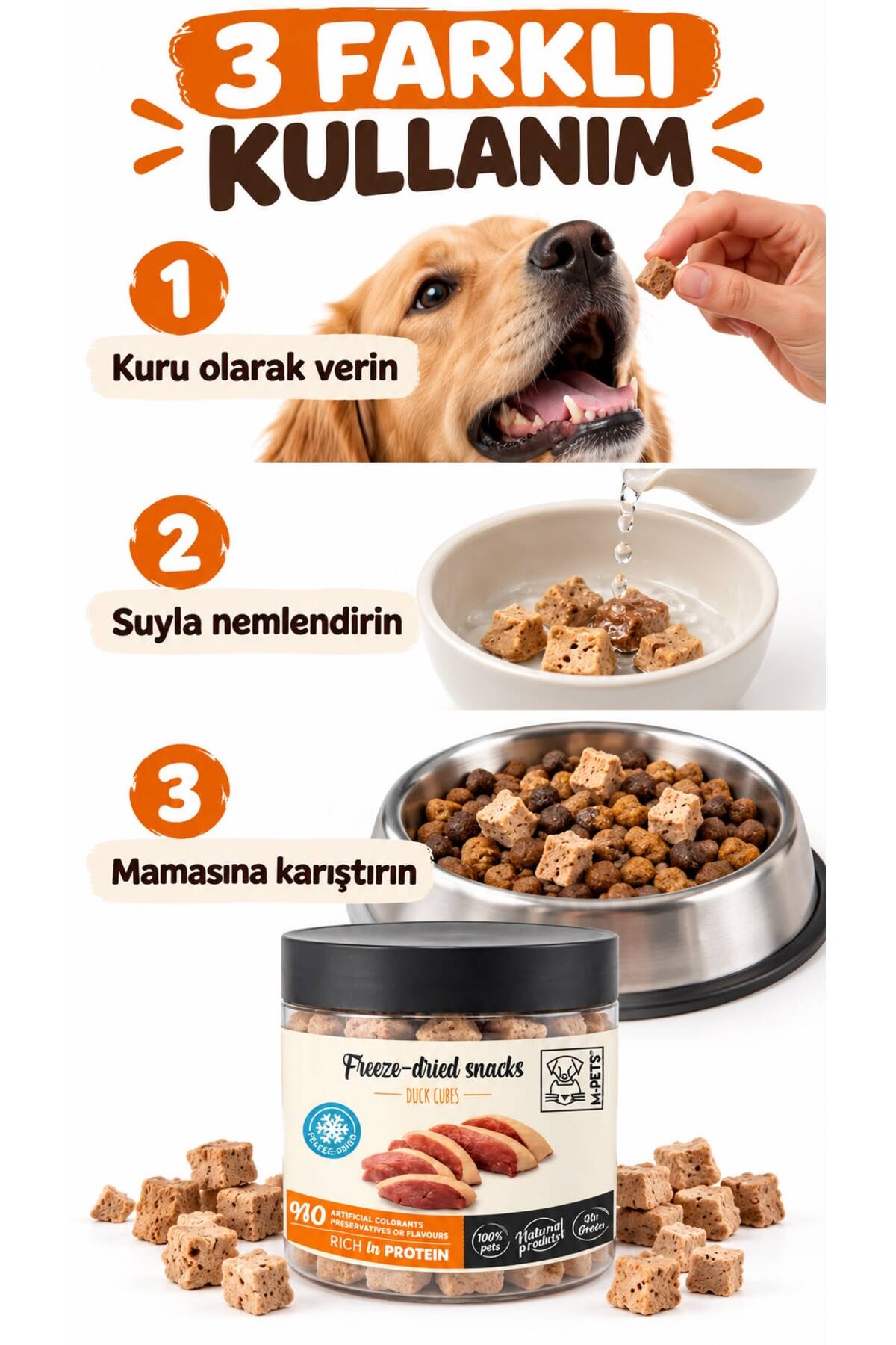 تشویقی سگ مکعبی اردک ۱۰۰٪ خشک‌شده انجمادی، ۳۰ گرم ام‌پتس M-PETS