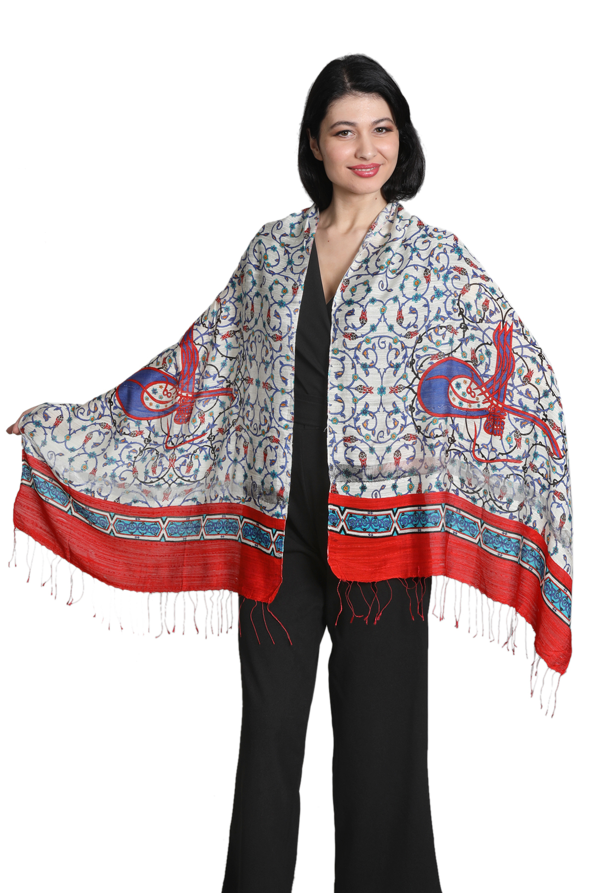 شال ابریشم و کتان میستیک Mystic، مدل MS-319، قرمز و اکرو زنانه