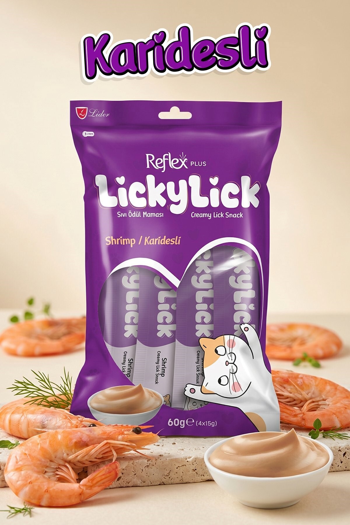 تشویقی مایع گربه رفلکس Reflex Plus LickyLick با طعم میگو، بسته ۵ عددی