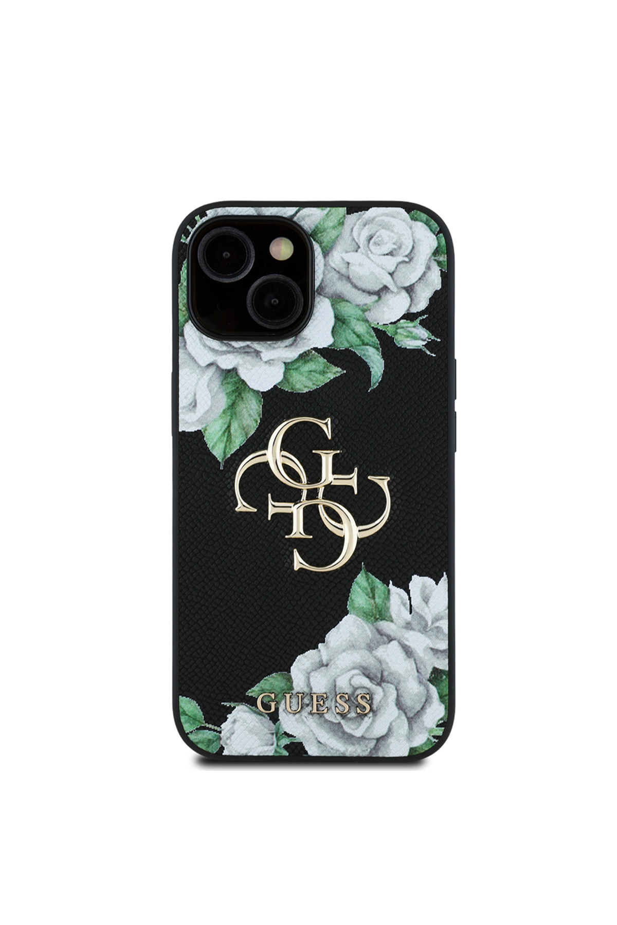 کاور و قاب محافظ آیفون 15 GUESS LICENSED ROSE PRINTED LARGE METAL LOGO طراحی شده روی جلد مشکی اورجینال Guess