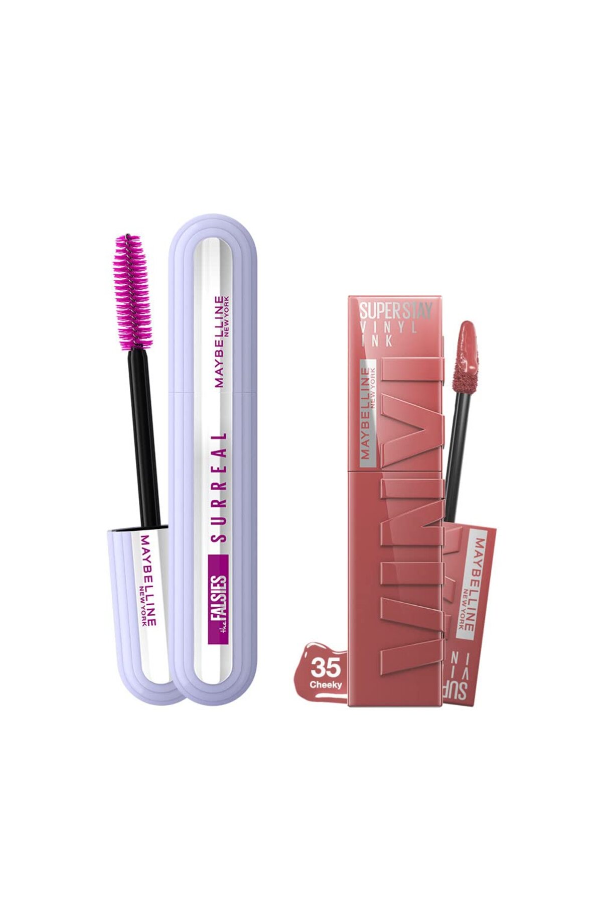 ست آرایشی FALSIES ریمل سورئال + فوق العاده اقامت وینیل جوهر مایع لب روشن 35 گونه Maybelline New York