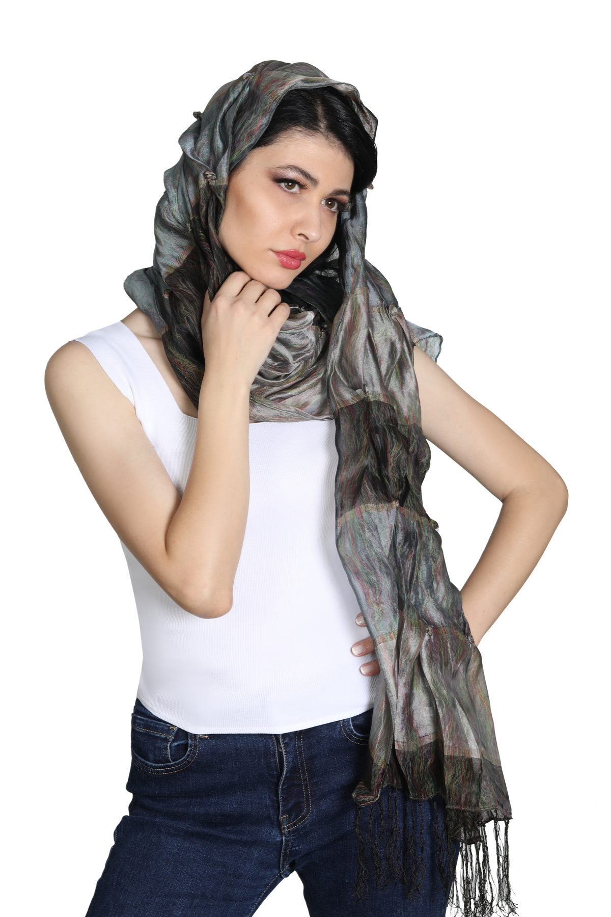 شال ساتن ابریشمی میستیک Mystic، مدل MS-359، رنگ ذغالی زنانه