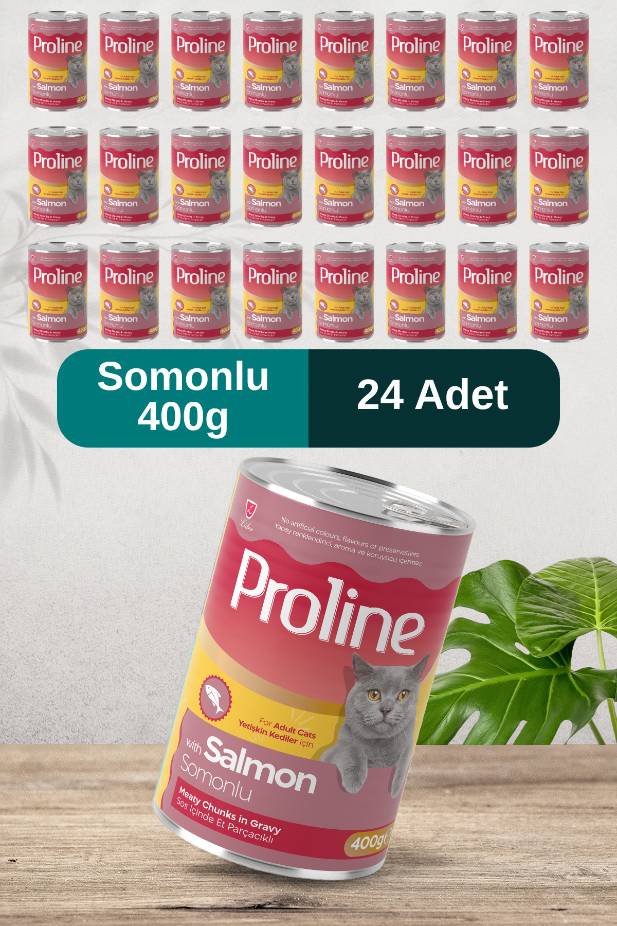 غذای کنسروی گربه پرولاین Proline با تکه‌های گوشت در سس سالمون، بسته ۲۴ عددی ۴۰۰ گرمی