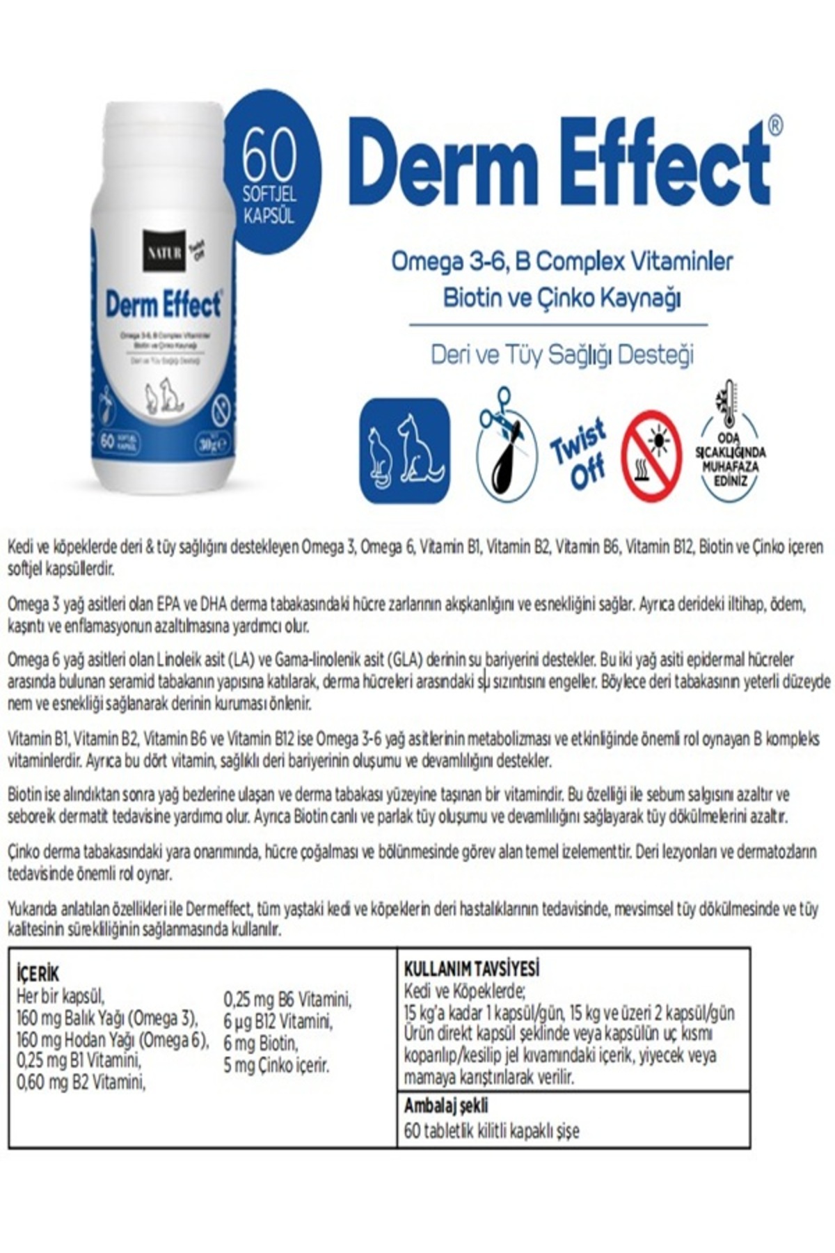 قرص مکمل حمایتی پوست و موی گربه و سگ Derm Effect، ناتور بای گوردیون گلوبال Natur by Gordion Global