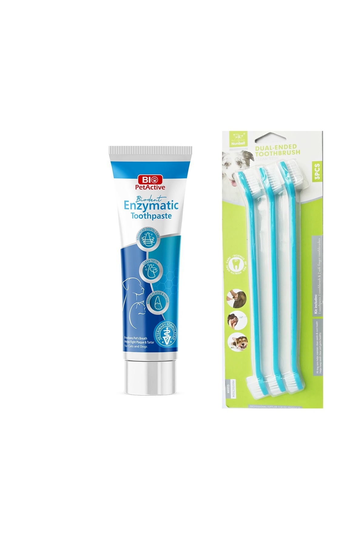 خمیر دندان سگ پت‌اکتیو Pet Active، ۱۰۰ میلی‌لیتر همراه با مسواک سه‌گانه