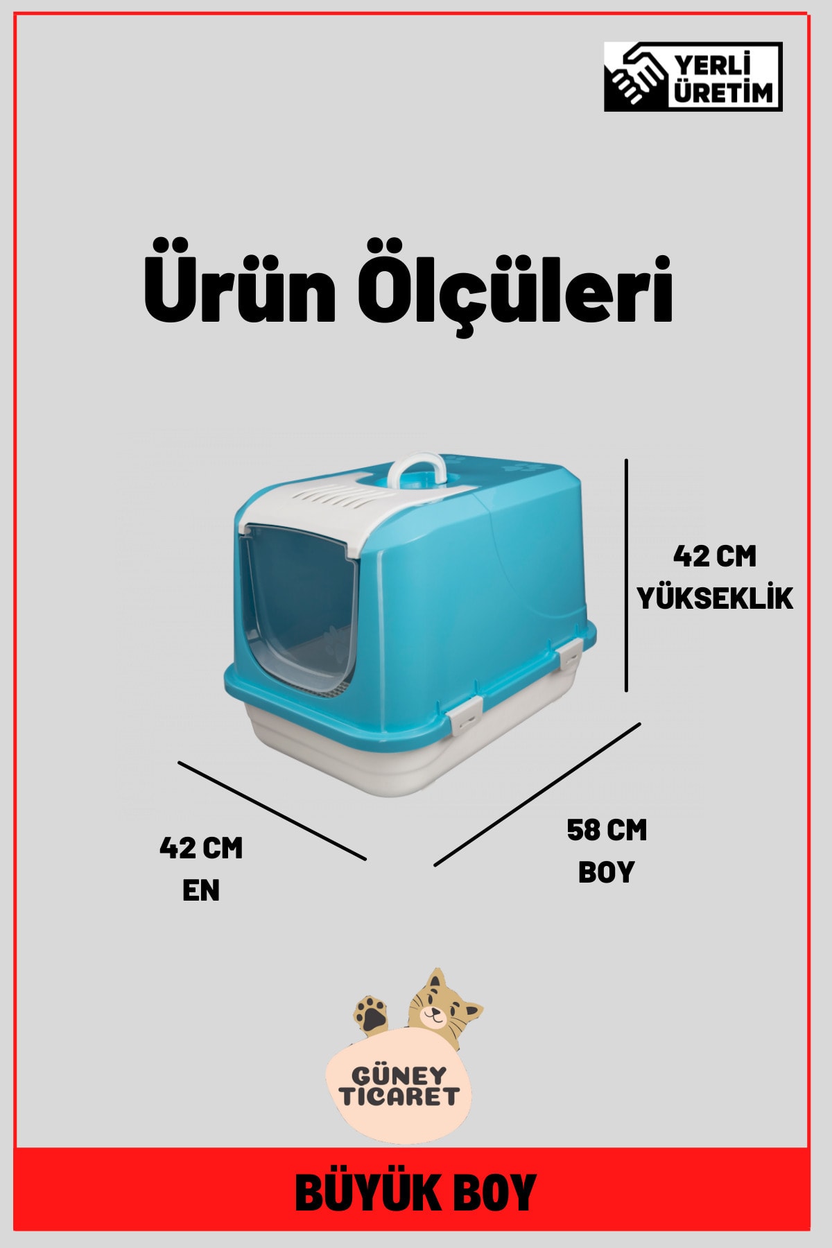 توالت سرپوشیده بزرگ گربه گونی Güney با درپوش نشکن، فیلتر و بیلچه، آبی ۵۸×۴۲×۴۲ سانتی‌متر
