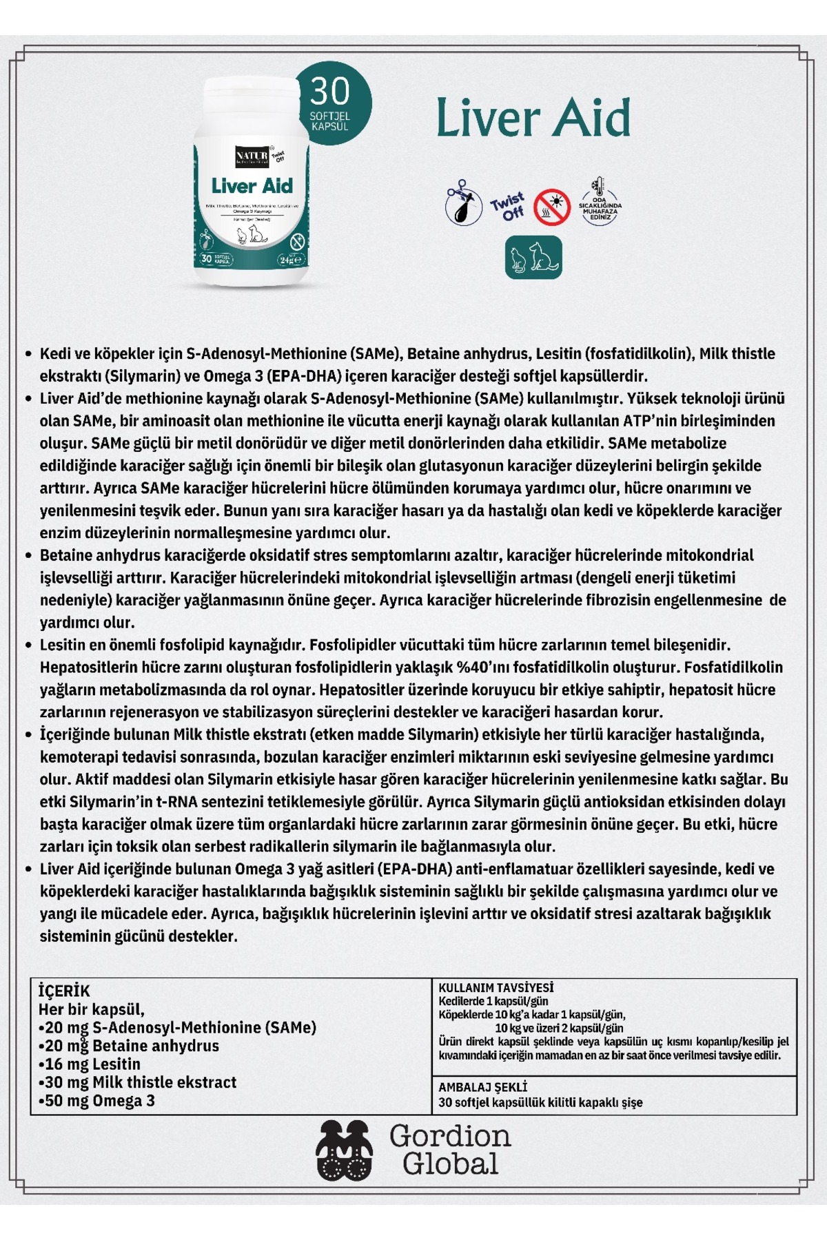 قرص پشتیبان کبد گربه و سگ ناتور بای گوردیون گلوبال Natur by Gordion Global Liver Aid