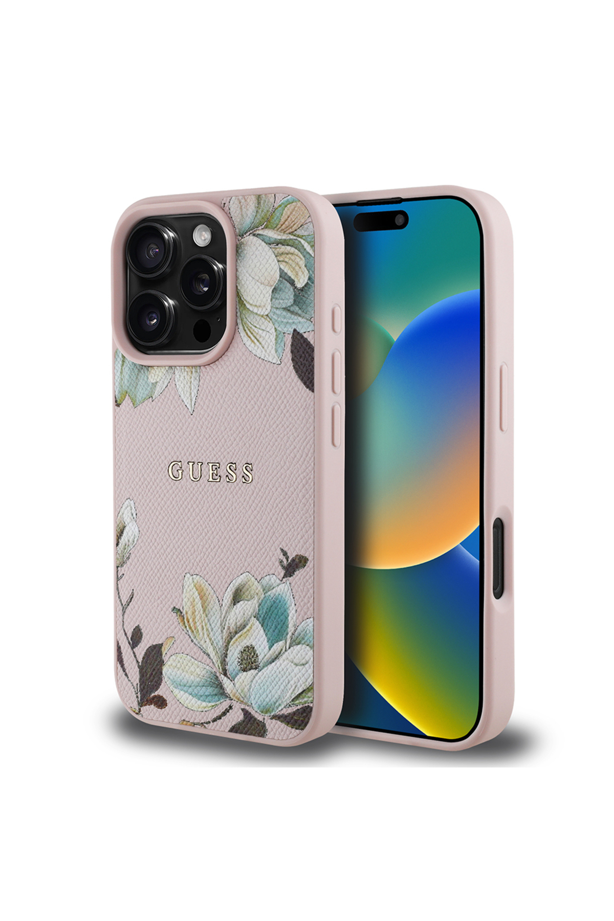 کاور و قاب IPHONE 16 PRO CASE GUESS COMPATIBLE MAGSAFE CHARGING طرح برجسته متن لوگو جلد صورتی اورجینال Guess