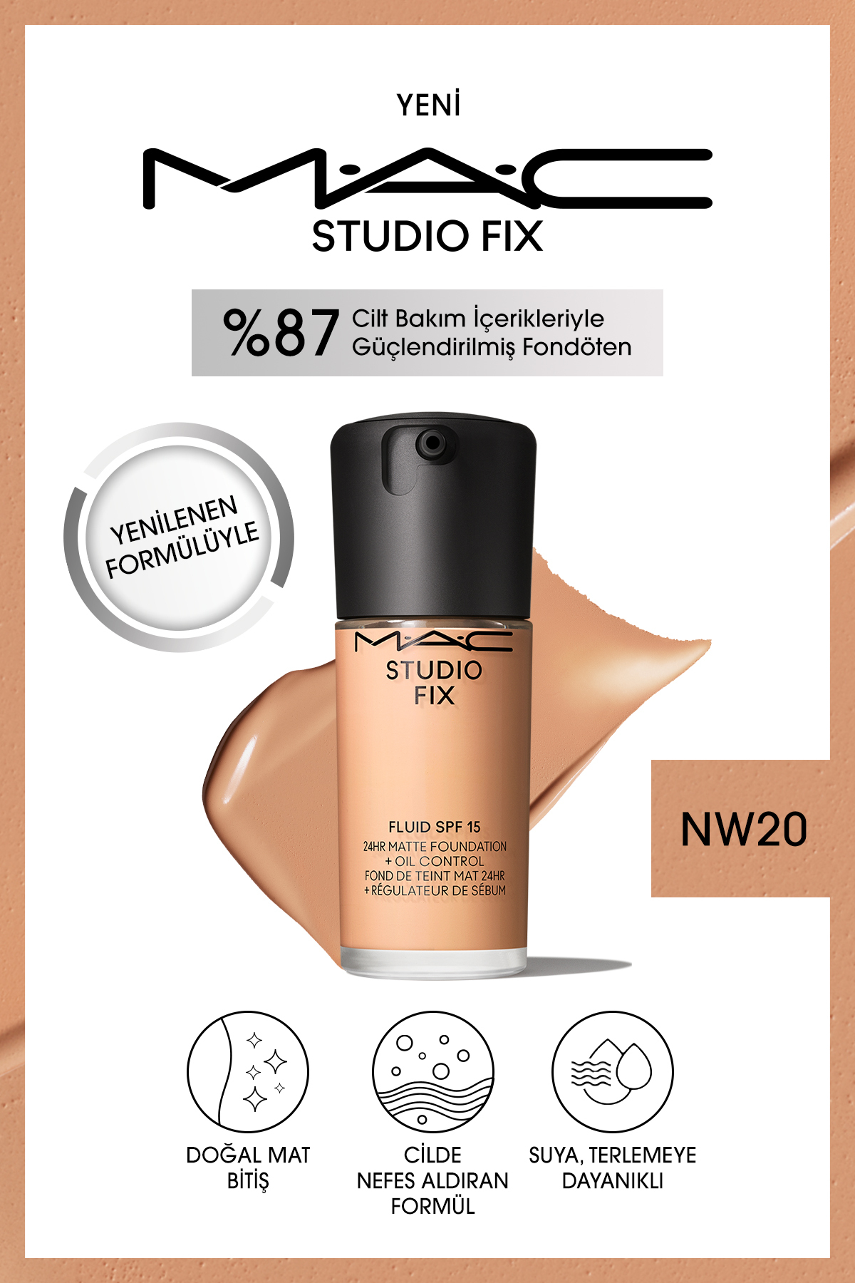 کرم پودر بنیاد دائمی مت تا 24 ساعت استودیو رفع سیال SPF15 رنگ: NW20 30ML Mac