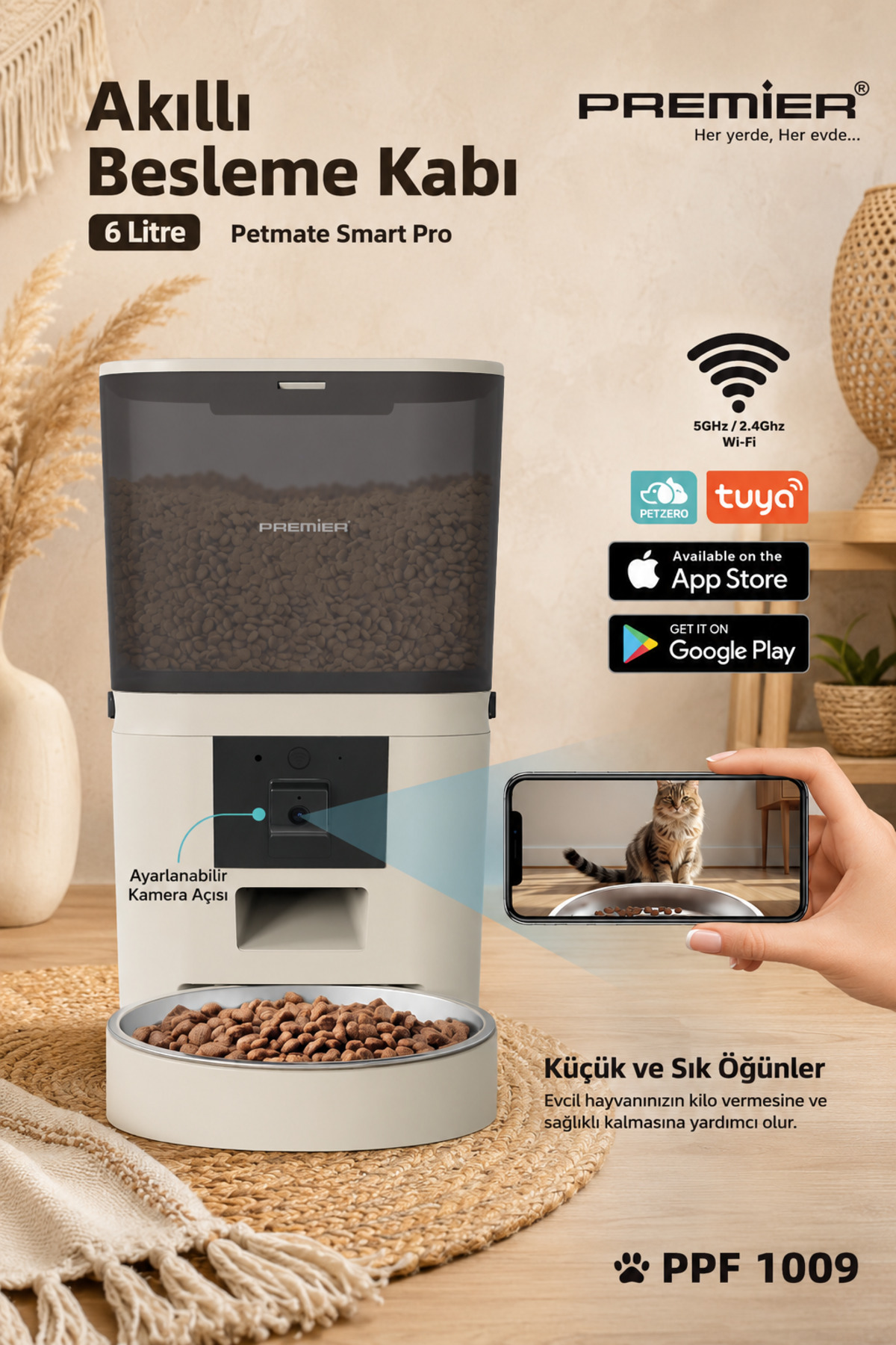 غذاده هوشمند حیوانات خانگی پریمیر Premier Petmate Smart Pro PPF1009-Krem، ظرفیت ۶ لیتر و دوربین HD 1080P، کرم