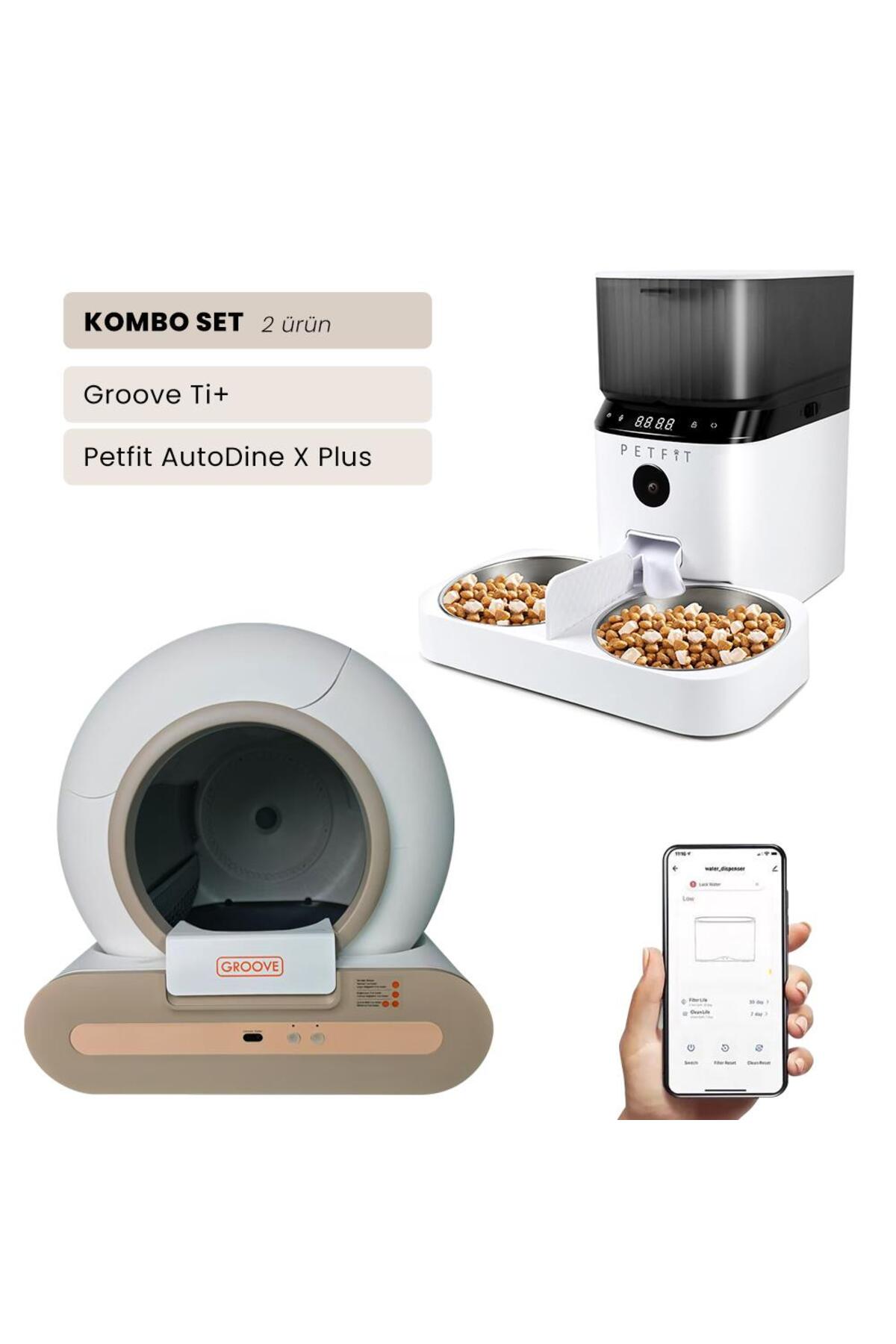 توالت خودکار هوشمند گربه Groove Ti+ و غذادهنده AutoDine X Plus 5L، قهوه‌ای | پت‌فیت Petfit