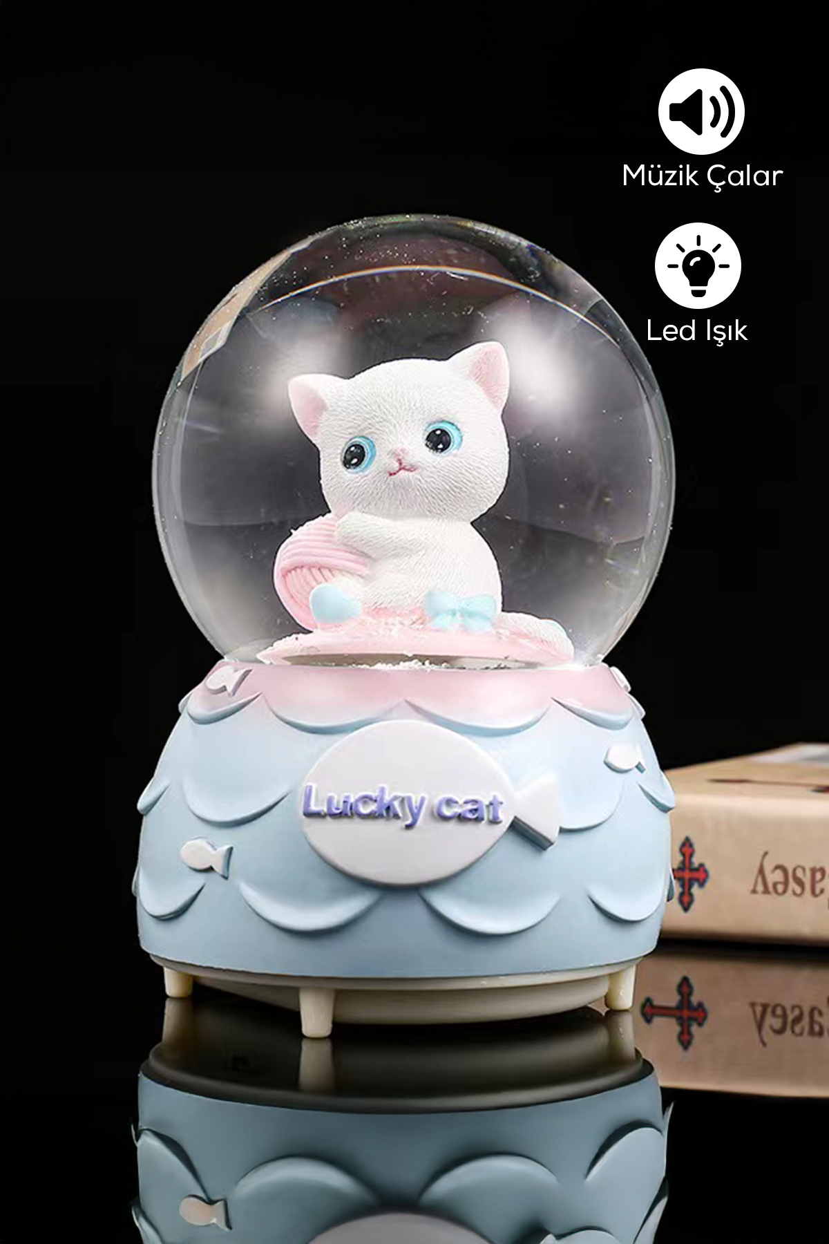 گوی برفی گربه خوش شانس ناز SNOW GLOBE هدیه با اندازه متوسط ​​با چراغ و موسیقی از ترکیه indirimsevinci