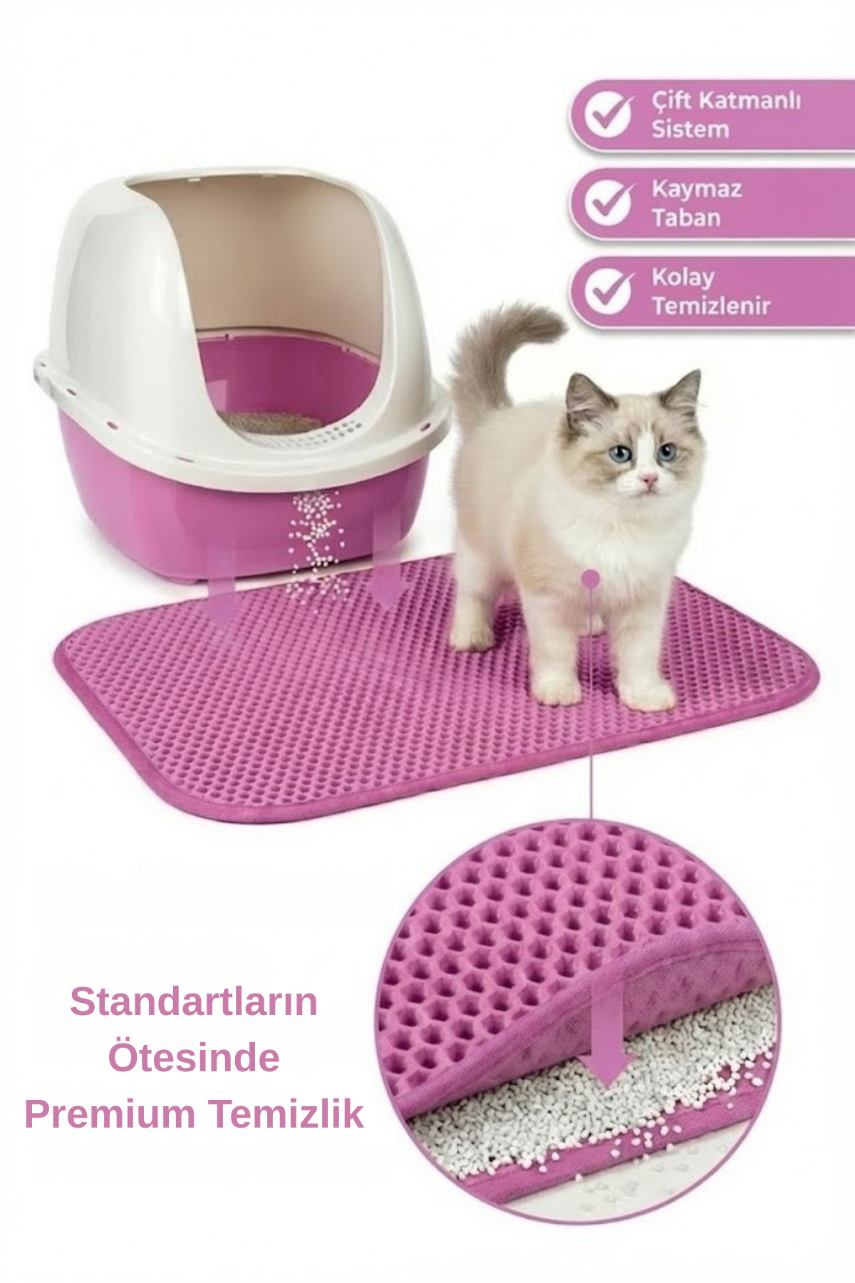 پادری جلوی توالت گربه پاگالو Pugalo CleanPaw Premium، مدل paspas75، دولایه، صورتی، ۵۰ × ۷۵ سانتی‌متر