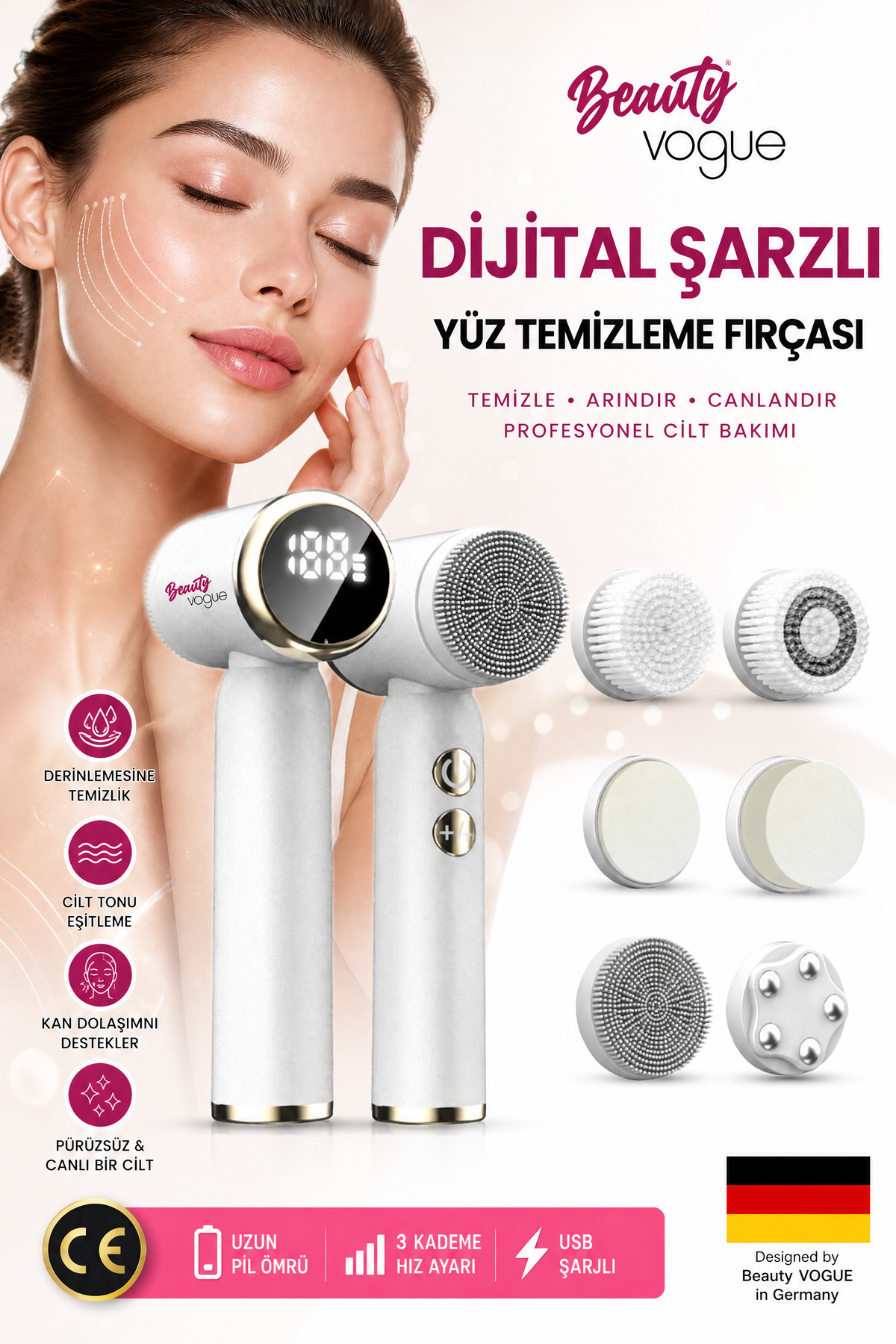 دستگاه شستشوی صورت 6 هد 3 مرحله ای صفحه نمایش شارژی LED لایه برداری پوست مراقبت از ابزار فریماتور برس اورجینال Beauty Vogue