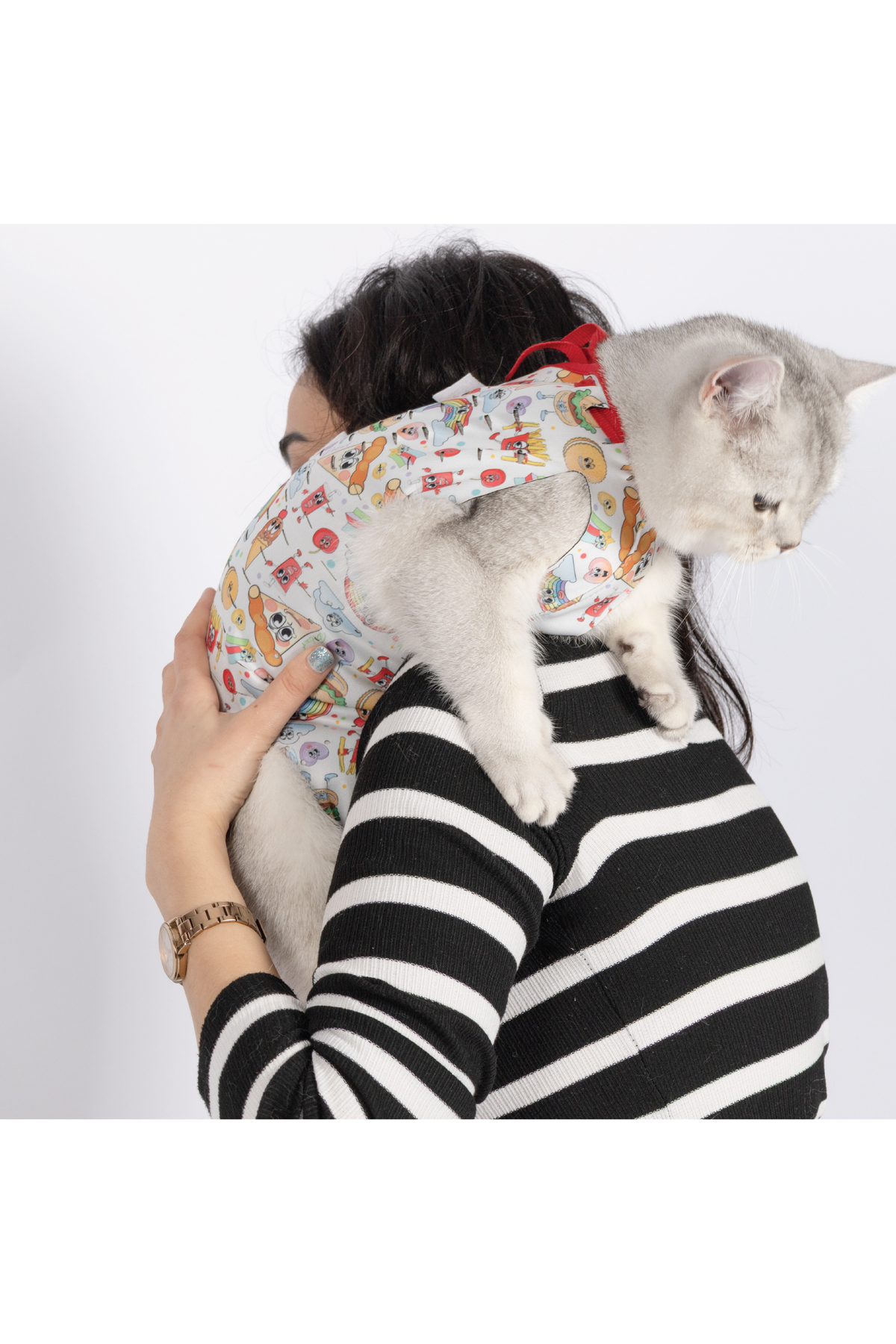 لباس محافظ زخم گربه و سگ پتشویت Petsuit مدل YKK-S، قرمز طرح‌دار