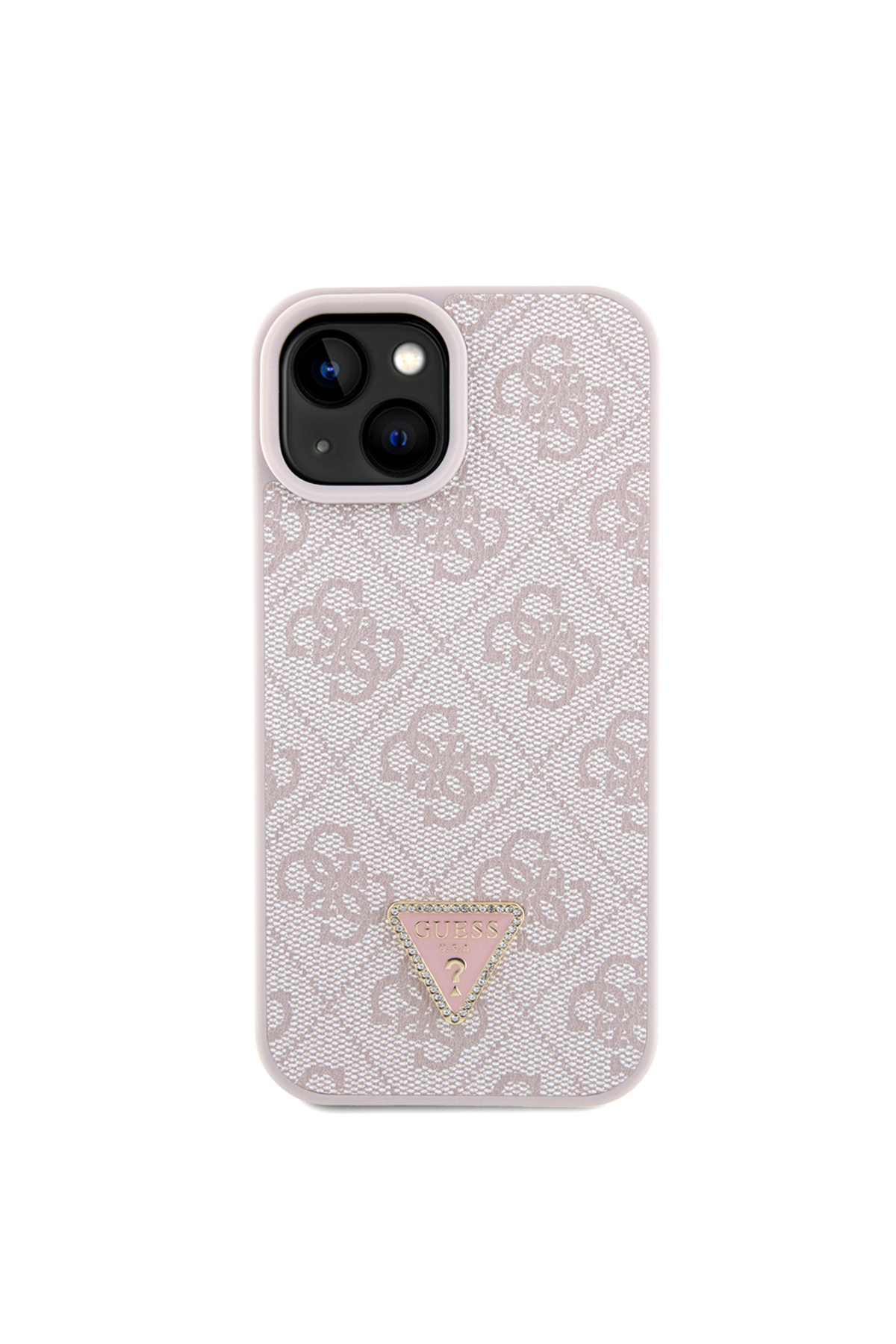 کاور و قاب IPHONE 15 CASE GUESS LICENSED PU LEATHERSTONEMETALTRIANGLELOGOCROSSBODYSTRAP 4G PATTERNED PINK اورجینال Guess