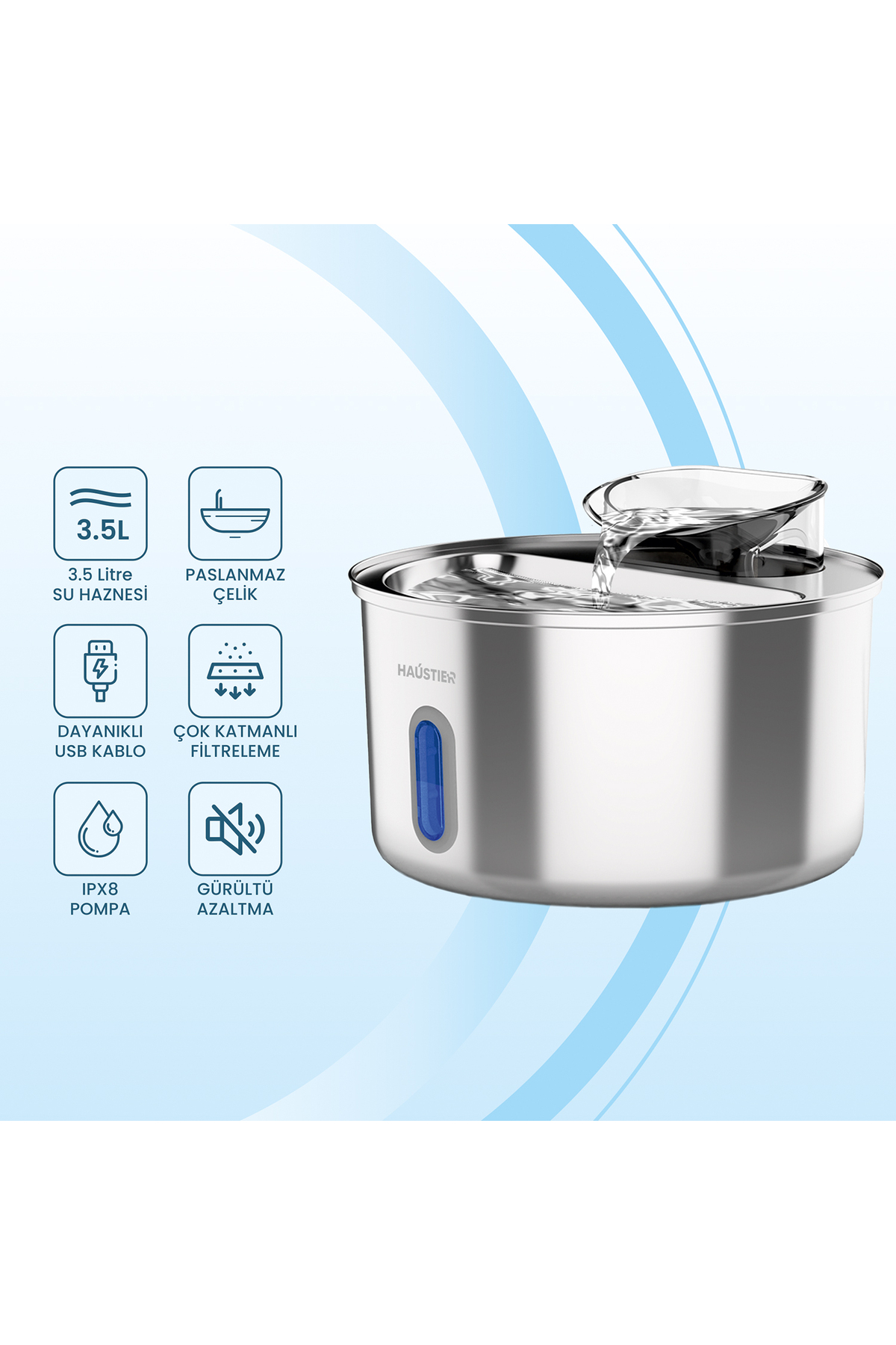 آبخوری فواره‌ای خودکار گربه هاوستیر Haustier مدل HST-WF009L-W، مخزن ۳٫۵ لیتری