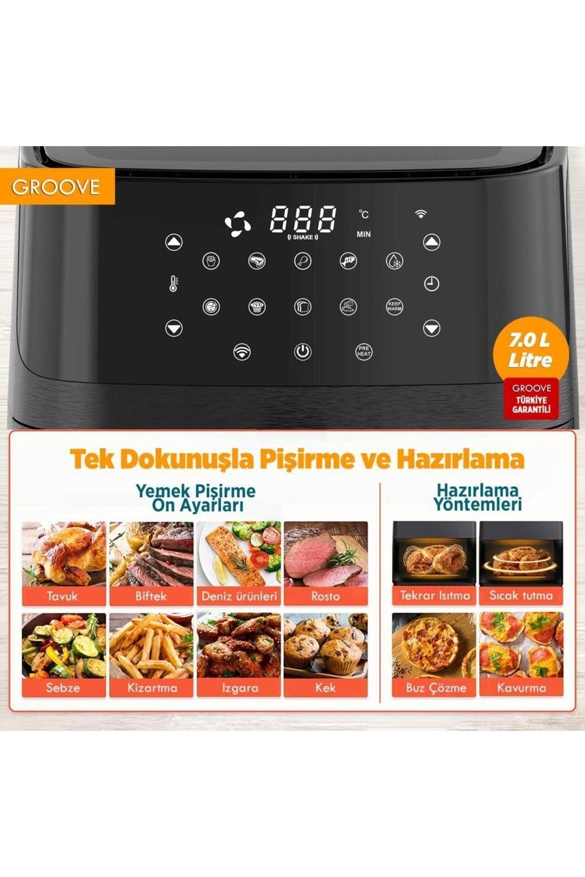 سرخ کن MAX XXL 7L 1800W WIFI SMART AIRFRYER هوای بدون روغن داغ مشکی اورجینال Groove