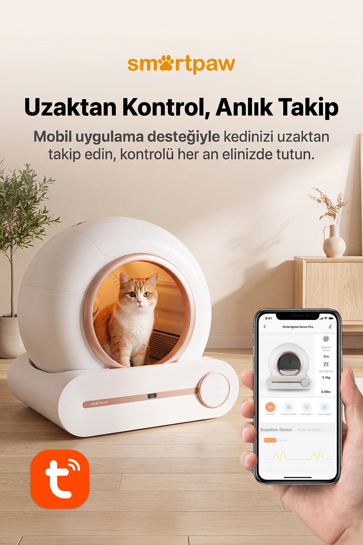 ظرف خاک گربه هوشمند و خودکار اسمارت‌پا SMARTPAW Nova Cat PRO، مدل MSP-0111، صورتی 65L