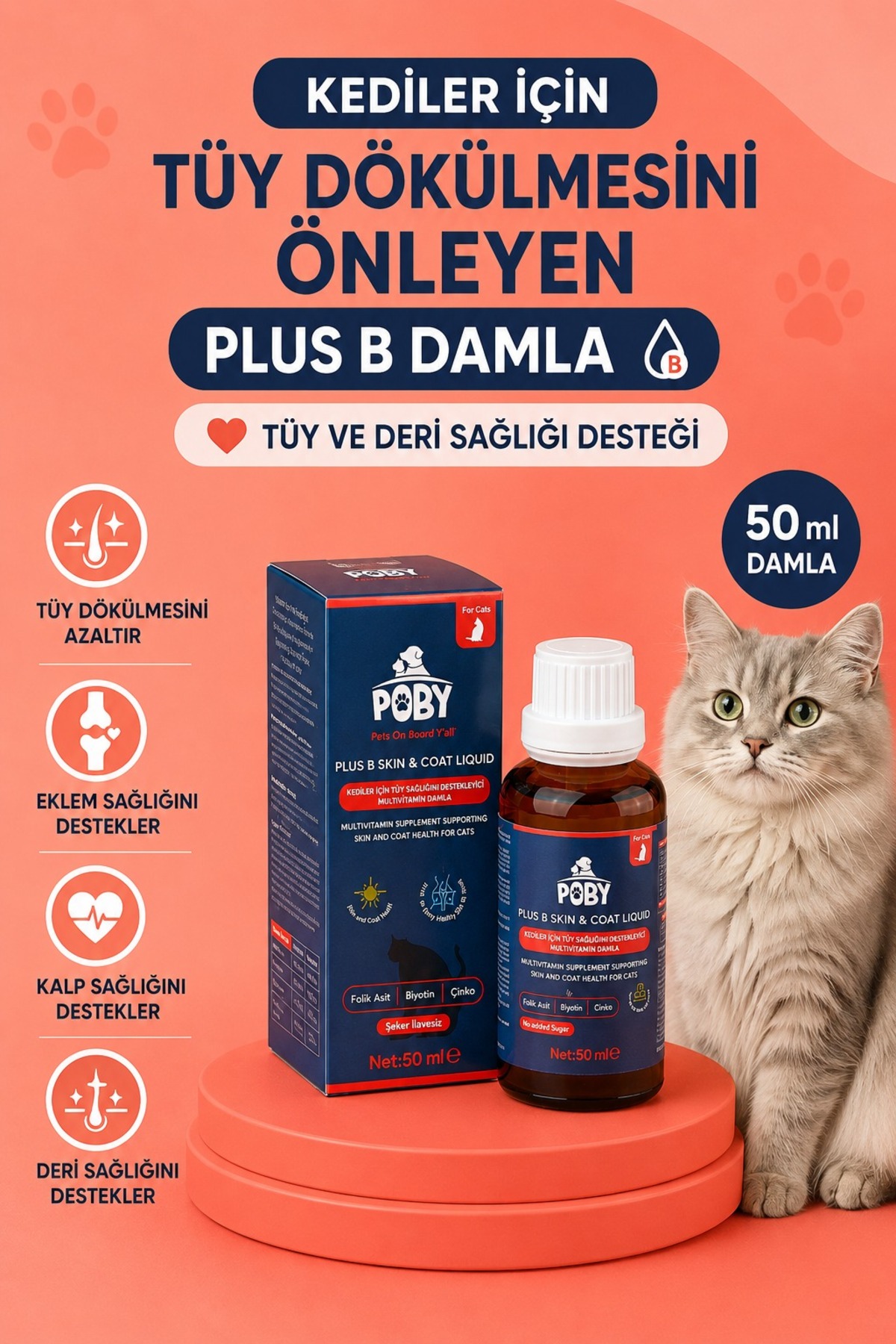 بسته مکمل گربه پوبی پت کلاب Poby Pet Club مدل MuhteşemTüy؛ روغن ماهی، خمیر مولتی‌ویتامین و قطره Plus B