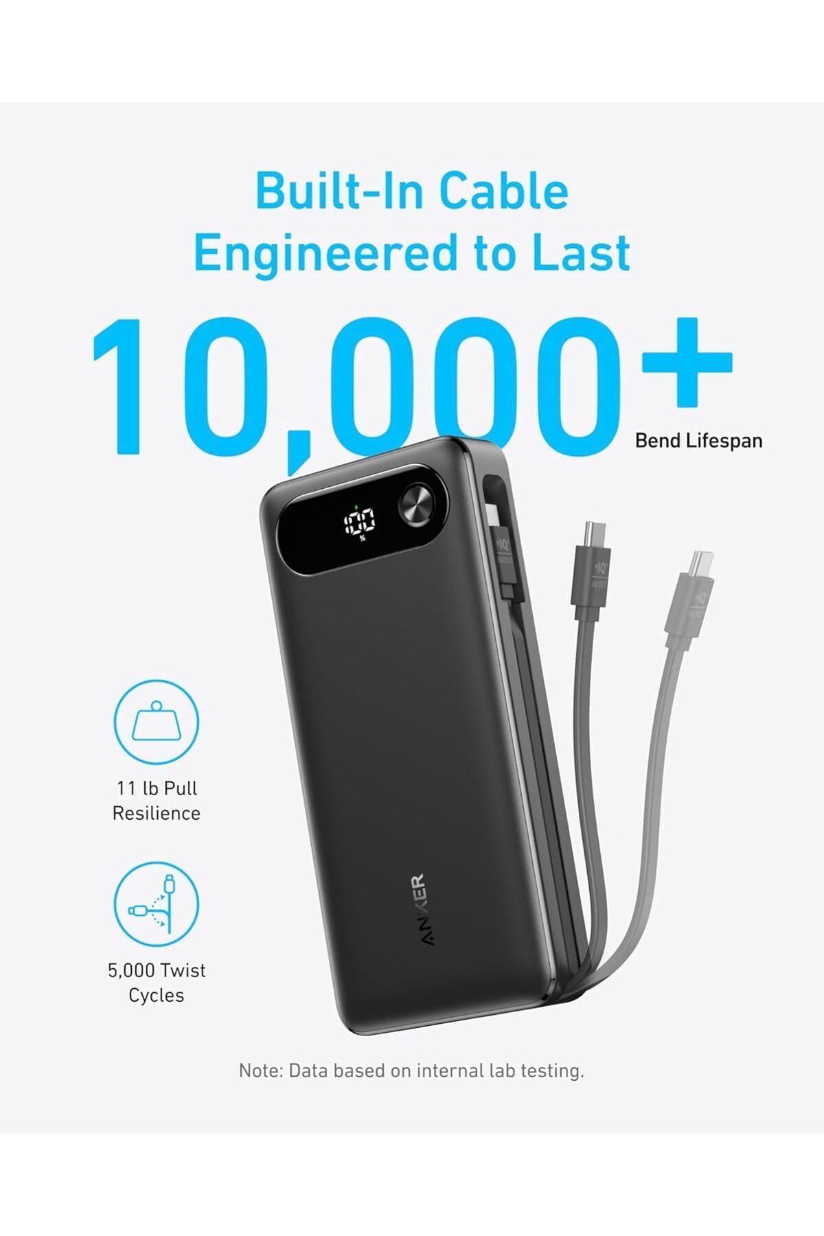 پاوربانک 20000 میلی آمپر ساعت 87 وات کابل USB C داخلی مشکی A1383 اورجینال Anker