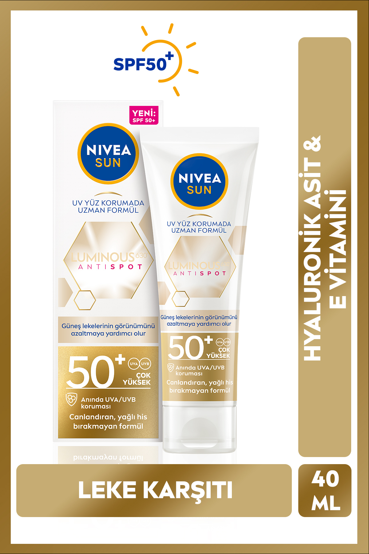 NIVEA ضدآفتاب لومینوس630 کرم ضدآفتاب 40 میلی لیتر SPF50 اسپف، اسید هیالورونیک، ویتامین E