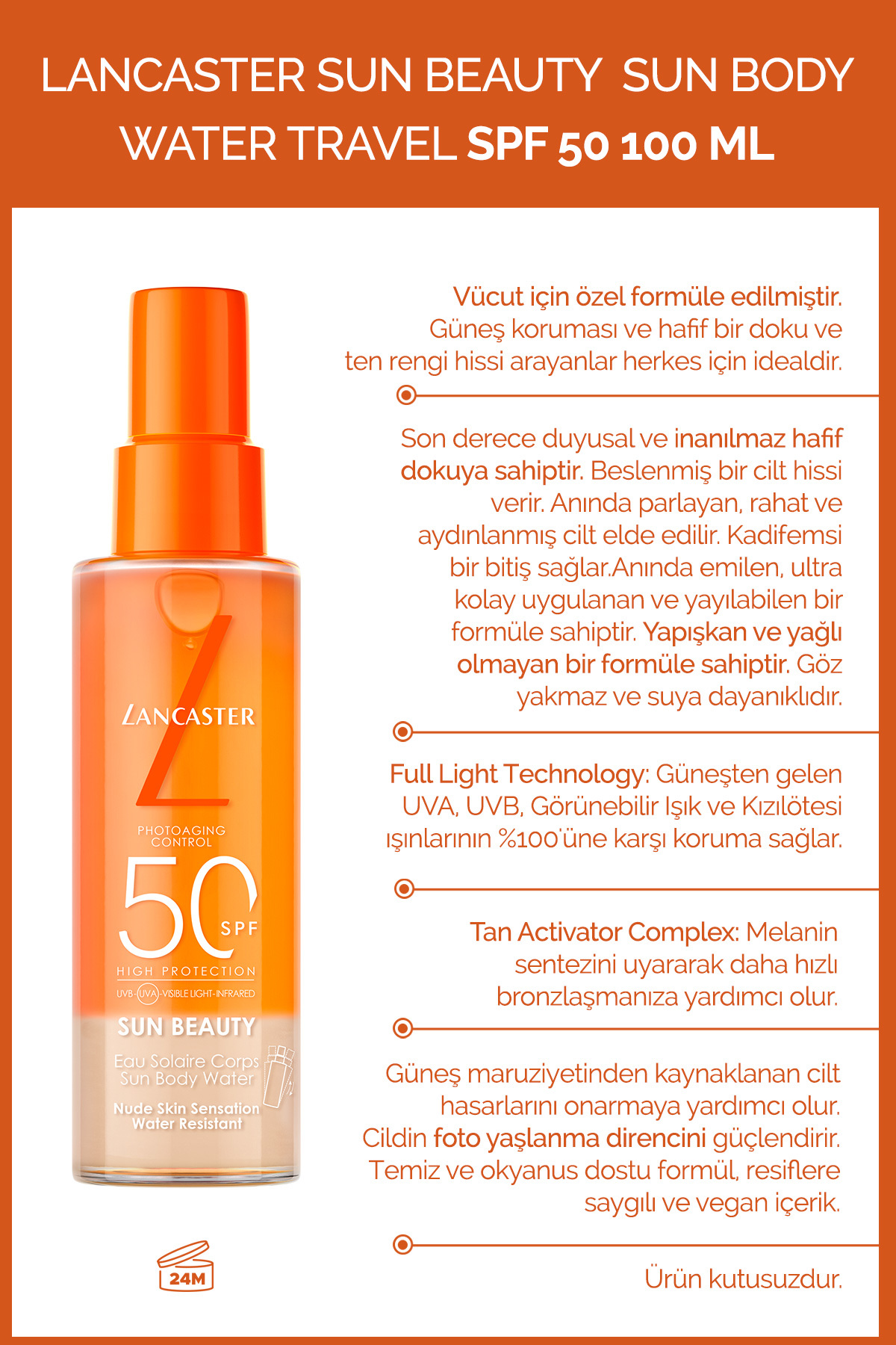 کرم ضد آفتاب بدن زیبایی آب SPF50 100 میل Lancaster