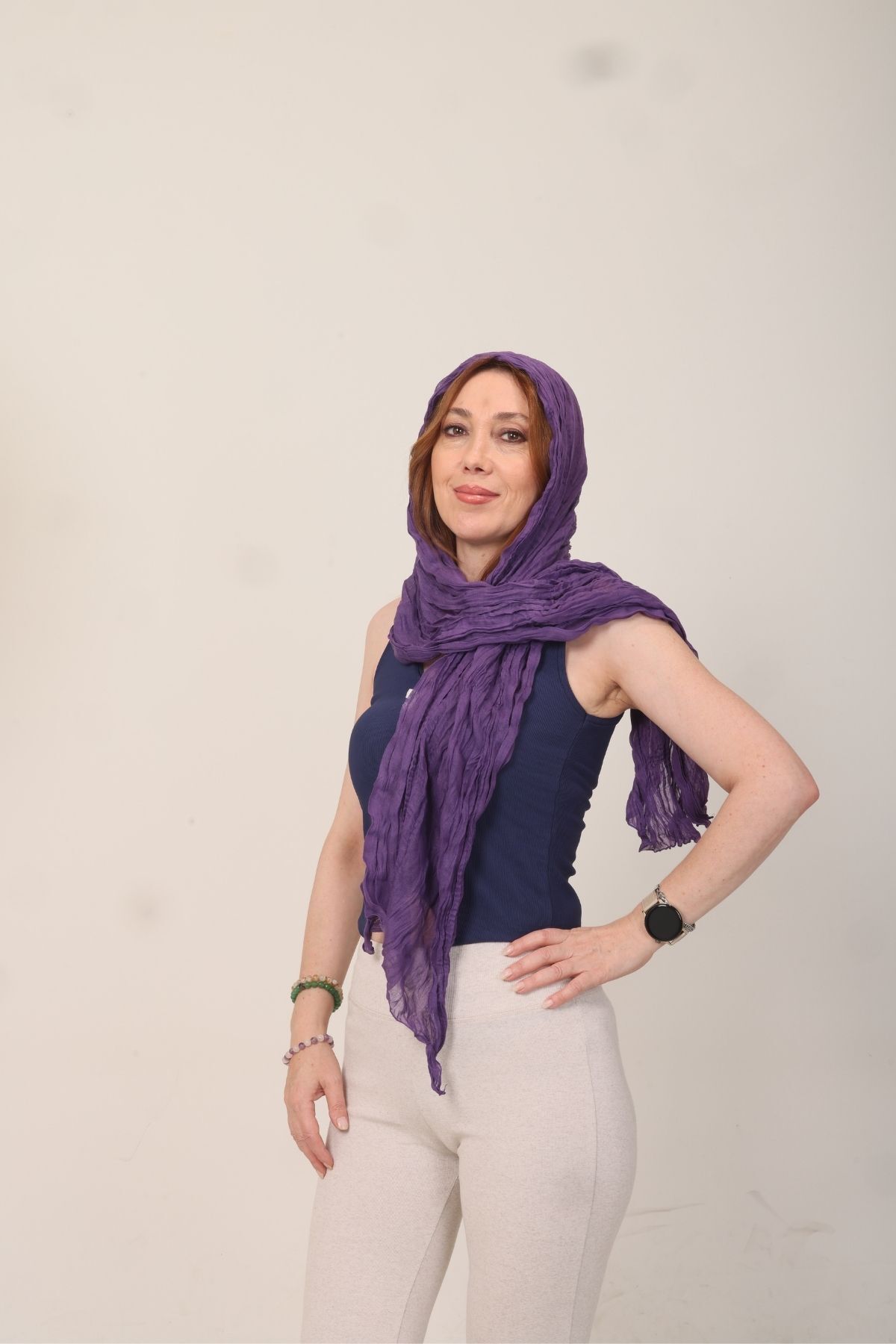 شال زنانه میستیک Mystic، پنبه‌ای بنفش بُرومجوک ۶۵×۱۷۵ سانتی‌متر