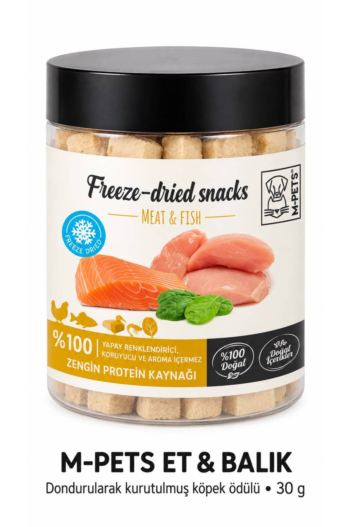 تشویقی سگ ام‌پتس M-PETS، مکعب‌های گوشت و ماهی خشک‌شده به روش انجمادی، ۳۰ گرم