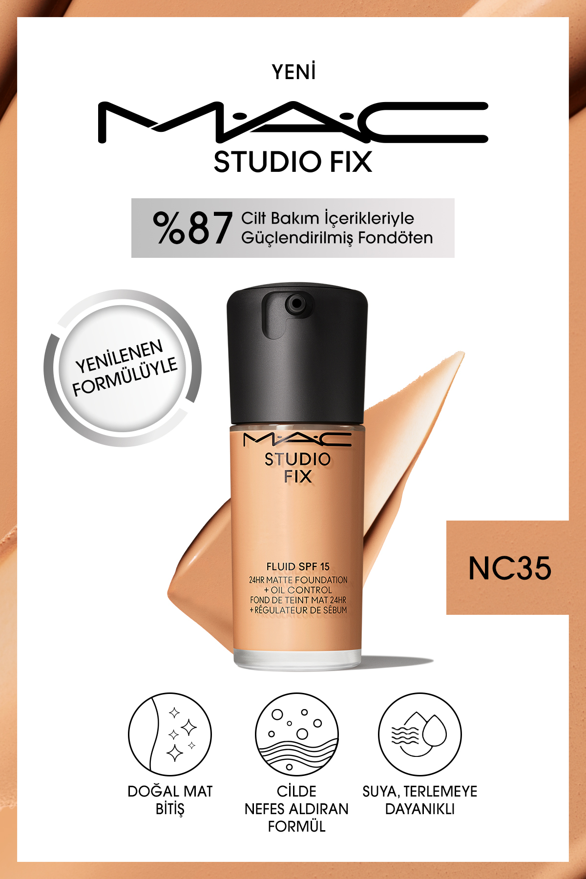 کرم پودر بنیاد MATT دائمی تا 24 ساعت استودیو رفع سیال SPF15 رنگ: NC35 30ML Mac