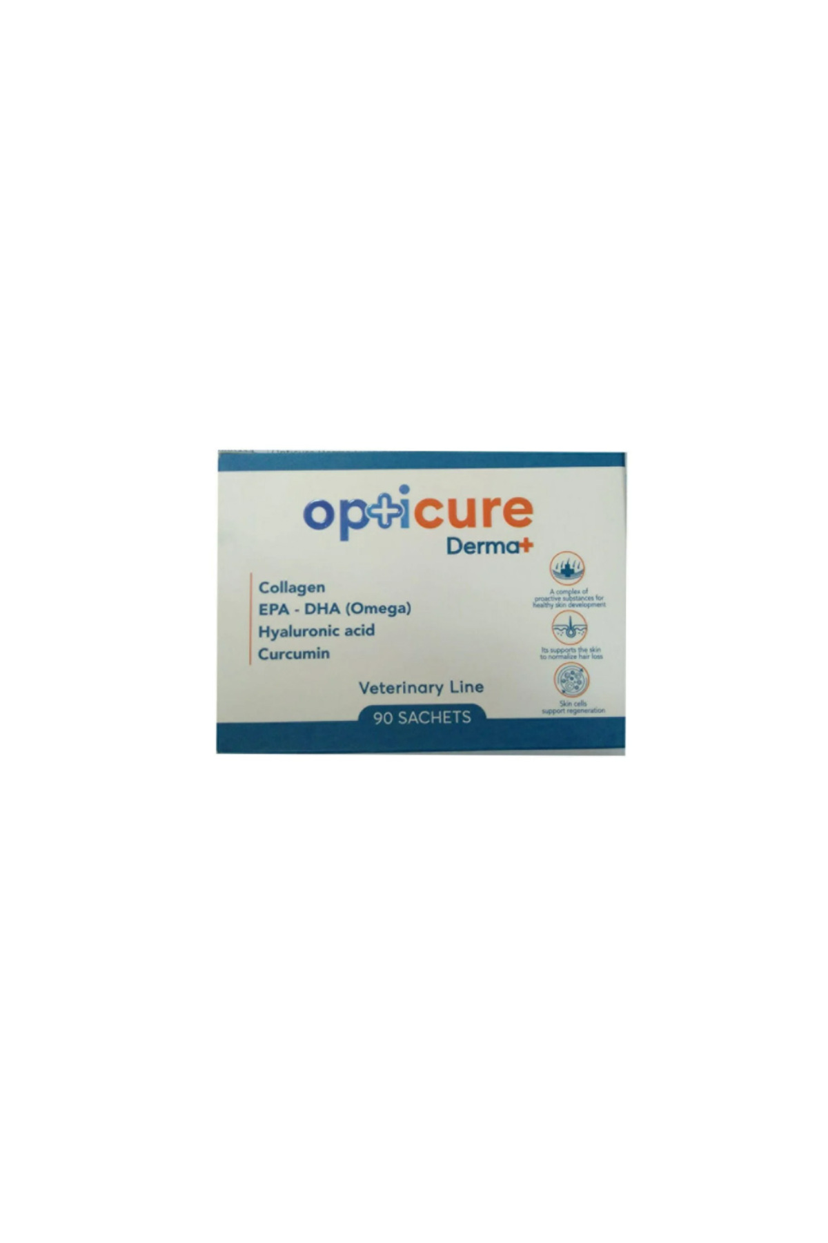 محصول سلامت پوست و موی گربه و سگ اپتیکور Opticure Derma+، با امگا، کلاژن، اسید هیالورونیک و زردچوبه، ۹۰ ساشه