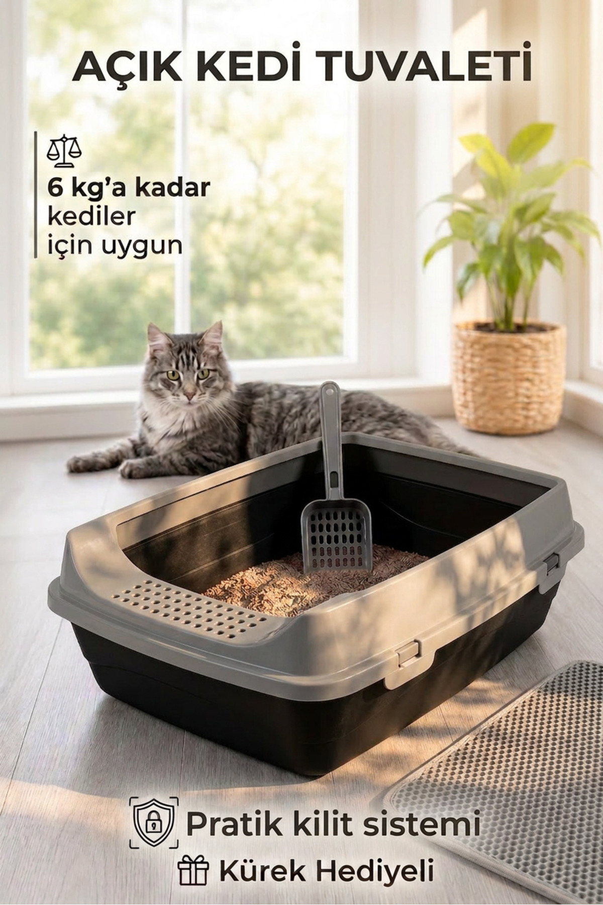 ظرف خاک گربه روباز کورت‌بای شکل Kurtbay Şekil، مدل VN11001، ۵۰×۳۷×۱۷ سانتی‌متر، همراه بیلچه unisex خاکستری