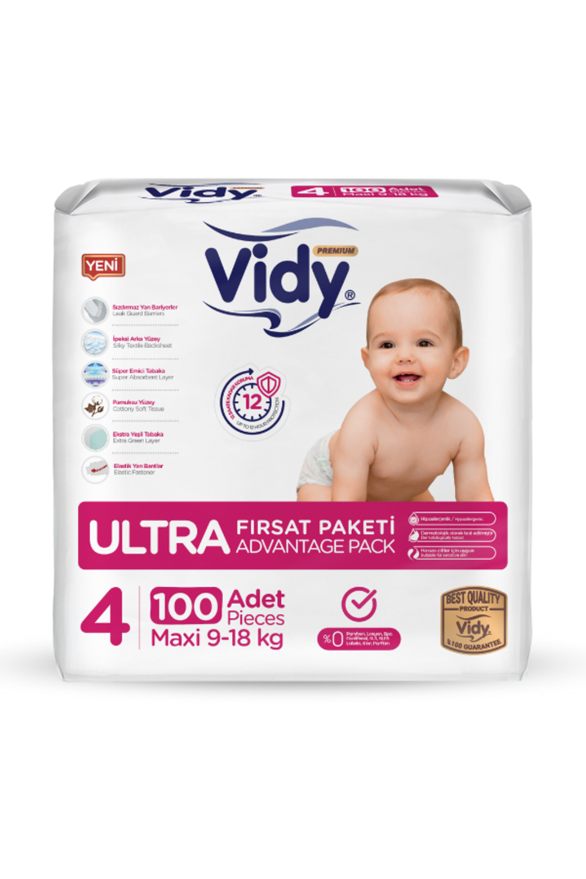 پوشک بچه سایز 4 MAXI PREMIUM 100 عدد ULTRA اقتصادی 9 18 کیلوگرم جاذب ضد نشتی حساسیت اورجینال Vidy