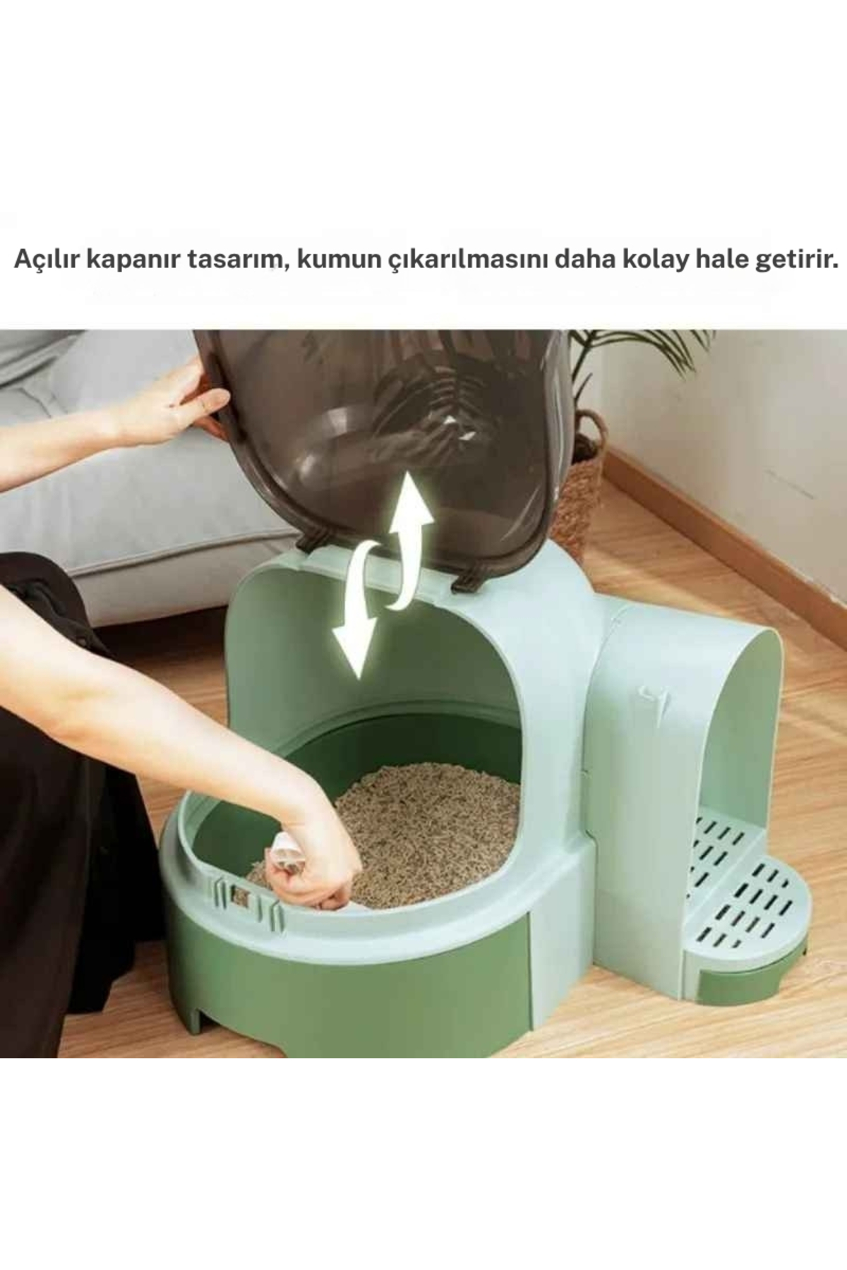 توالت سرپوشیده بسیار بزرگ گربه مونوزون Monozone، کشودار و سبز