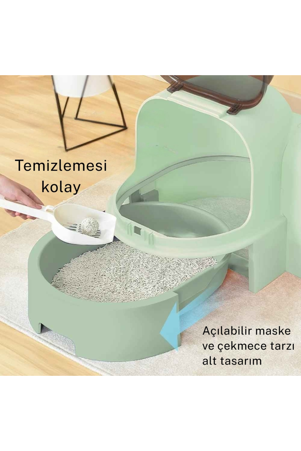 توالت سرپوشیده بسیار بزرگ گربه مونوزون Monozone، کشودار و سبز