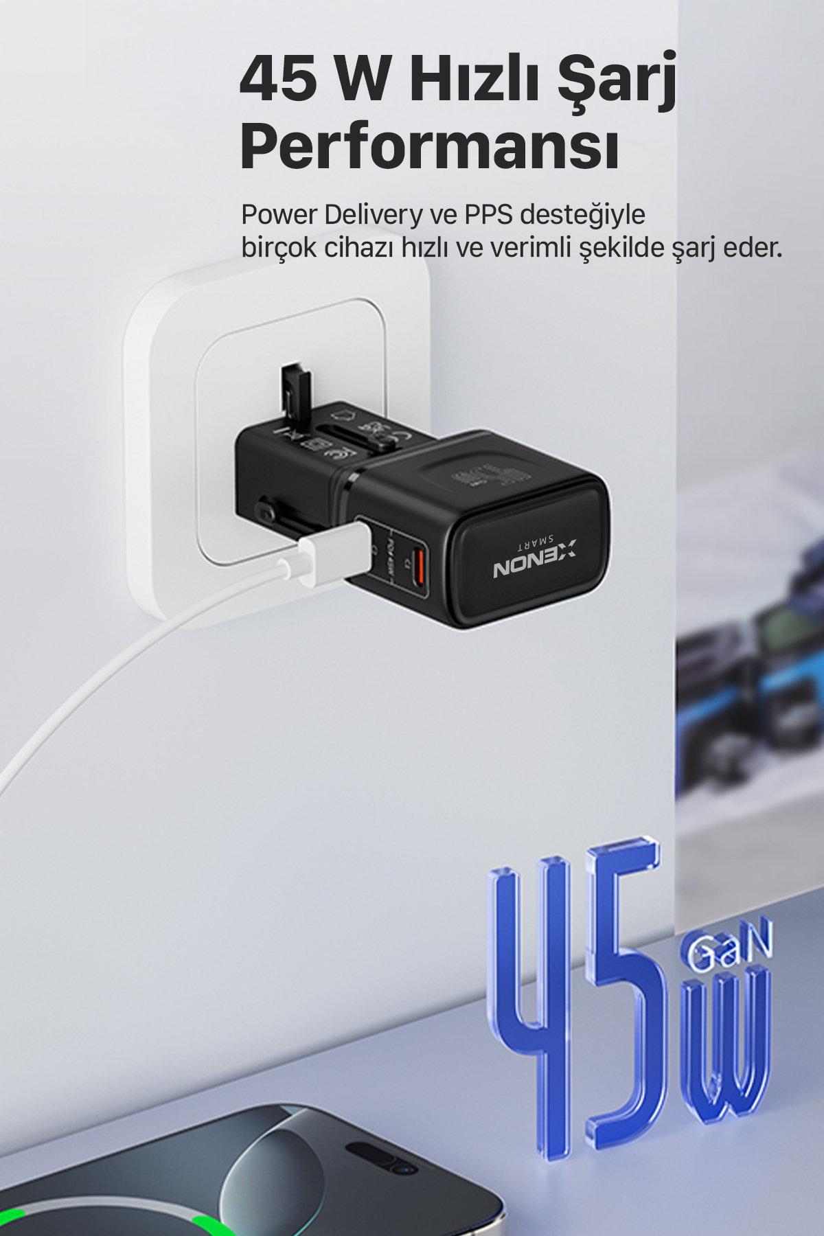 آداپتور مسافرتی زنون اسمارت Xenon Smart مدل X6409، شارژ GaN با توان ۴۵ وات، دو درگاه USB-C و پوشش بیش از ۲۰۰ کشور مشکی