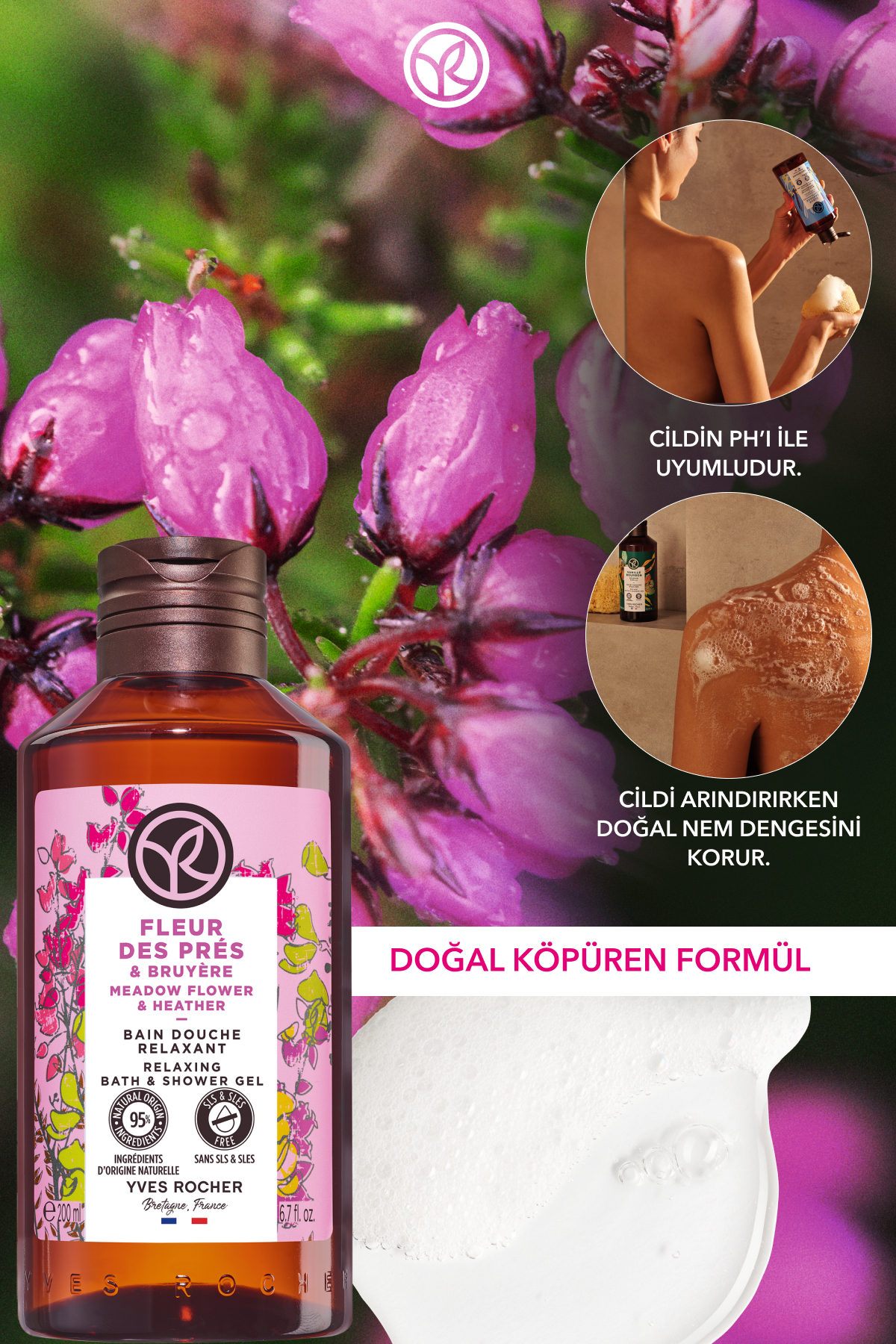 ژل دوش مردانه و زنانه مرطوب کننده گلهای وحشی عاشقانه 200 میل 14238 Yves Rocher