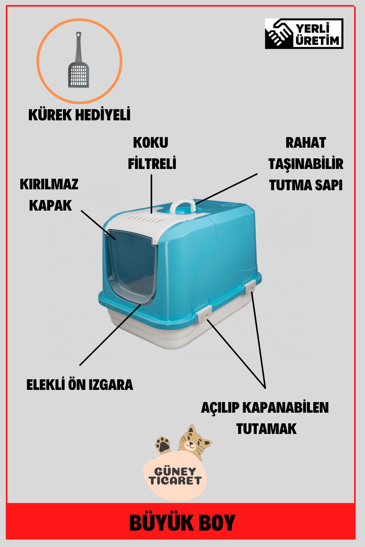 توالت سرپوشیده بزرگ گربه گونی Güney با درپوش نشکن، فیلتر و بیلچه، آبی ۵۸×۴۲×۴۲ سانتی‌متر